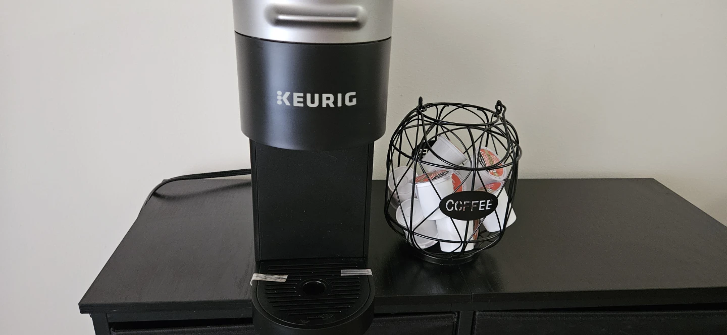 Keurig Coffee Maker with free Starbucks Colombian coffee pods.