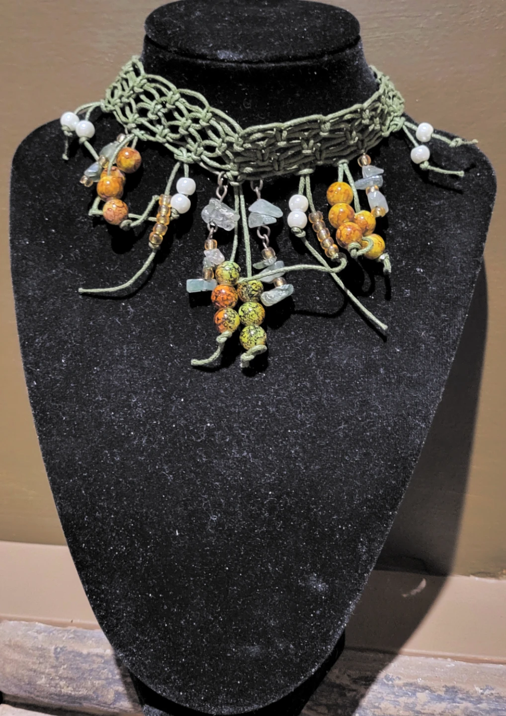 Green Macrame Beaded Choker Necklace