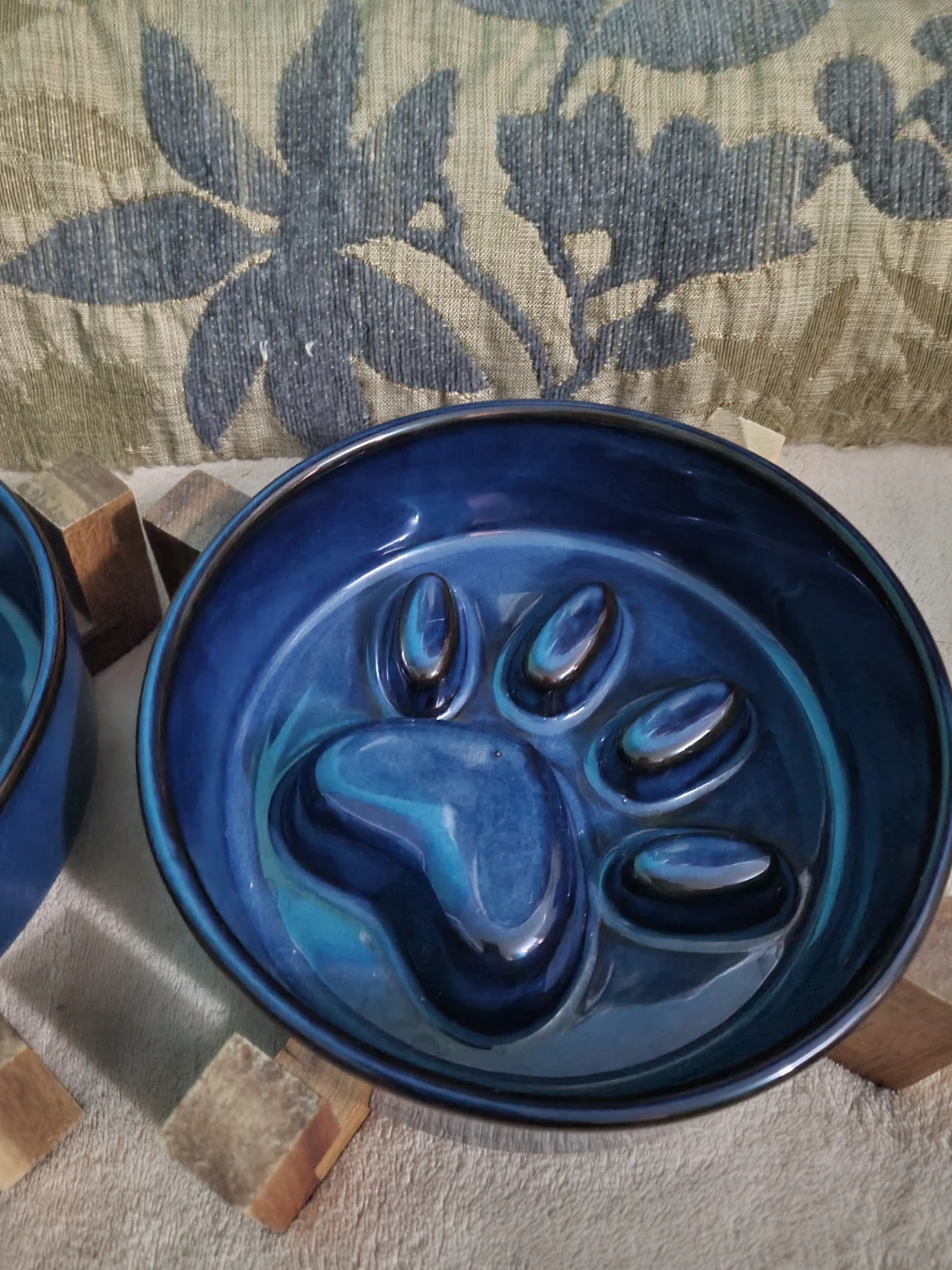 Ceramic Dog Bowl Set Pet Water Food Slow Feeder Wood Elevated - photo 3