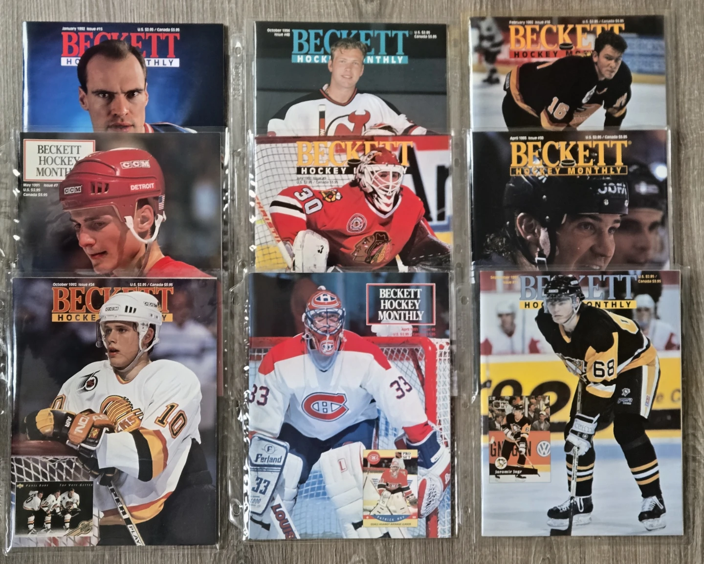 9 Vintage 90's Hockey Becketts, Jagr, Bure, Brodeur