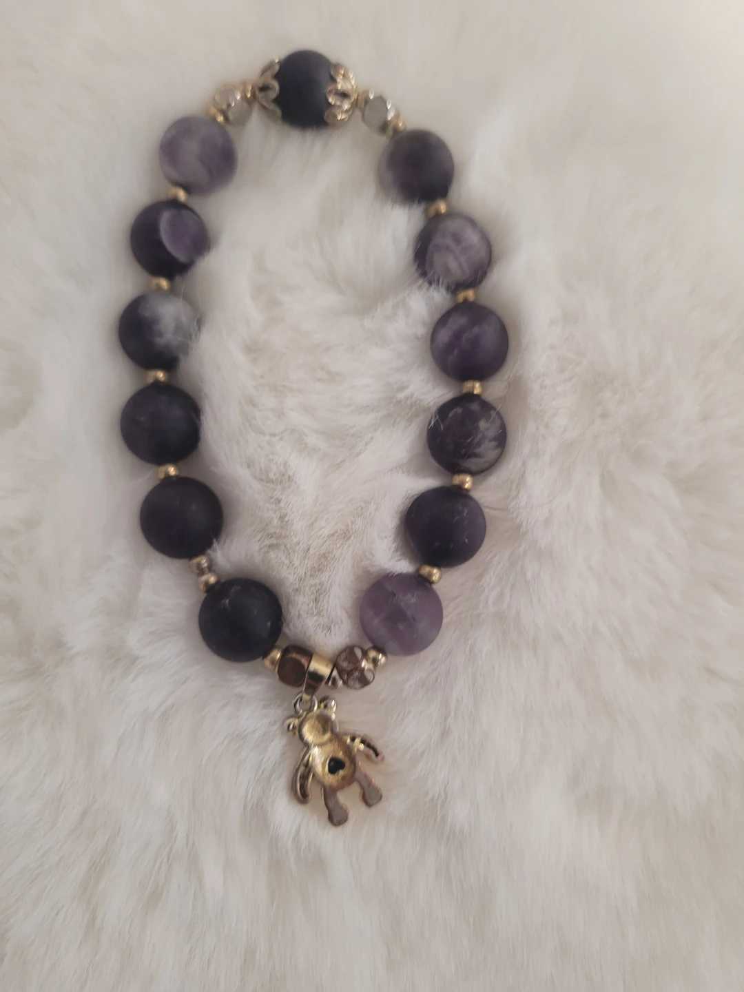 Purple Stone-Beaded Bracelet with Teddy Bear Charm - photo 4