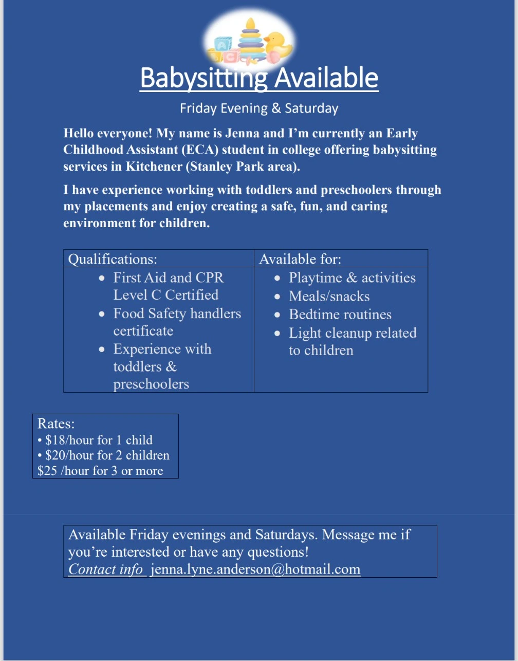 Babysitting Available - Friday Evenings & Saturdays