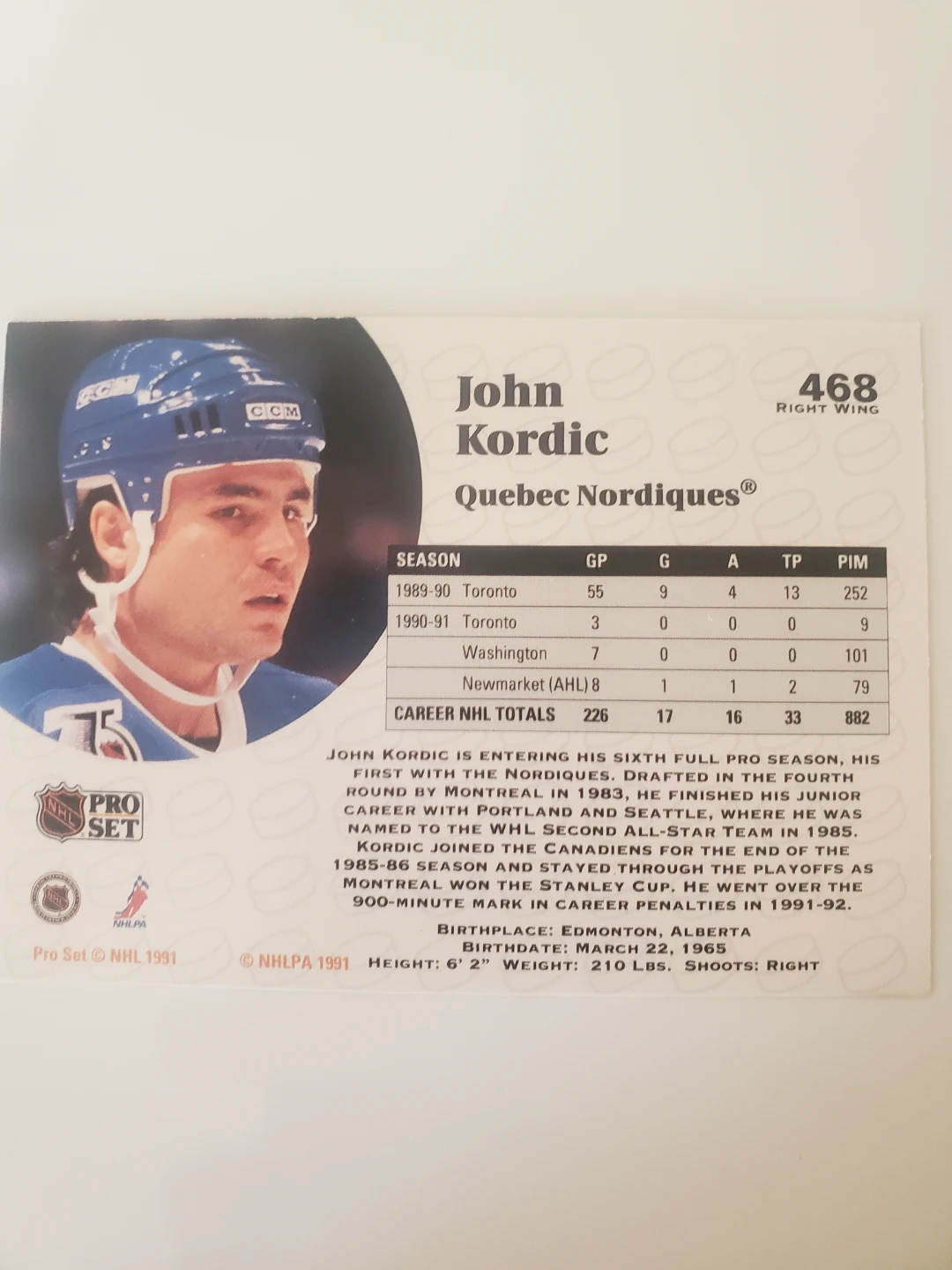 1991 Pro Set Hockey Card John Kordic Quebec Nordiques - photo 2