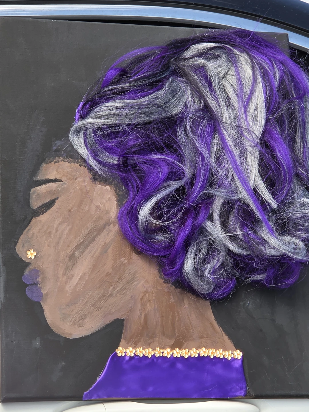 Mixed Media Portrait Painting with Yarn Hair