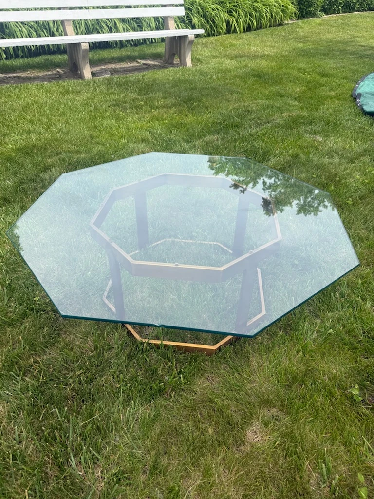 Octagonal Glass Coffee Table with Brass Frame - photo 2