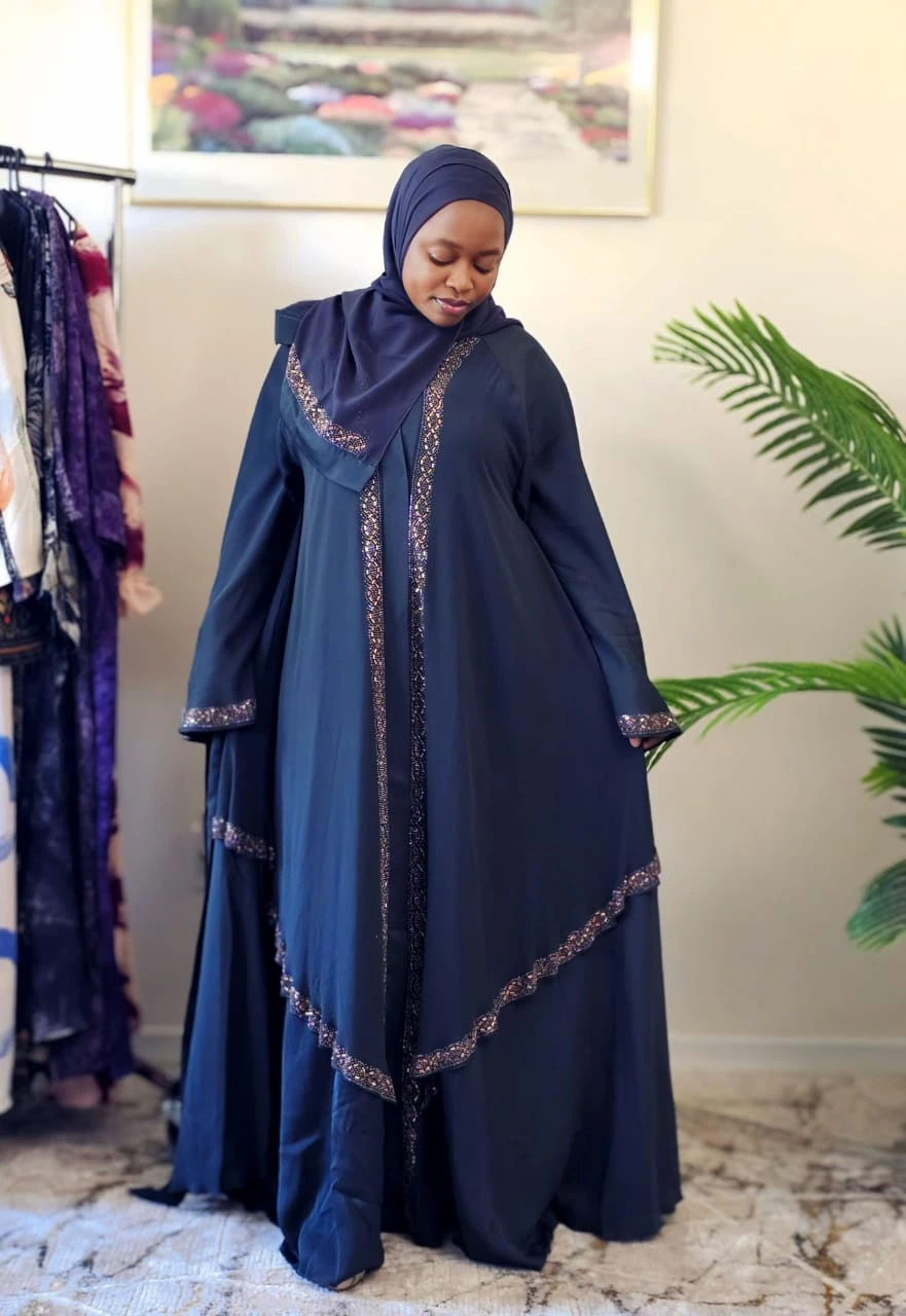 Women's Navy Abaya with Embellished Trim