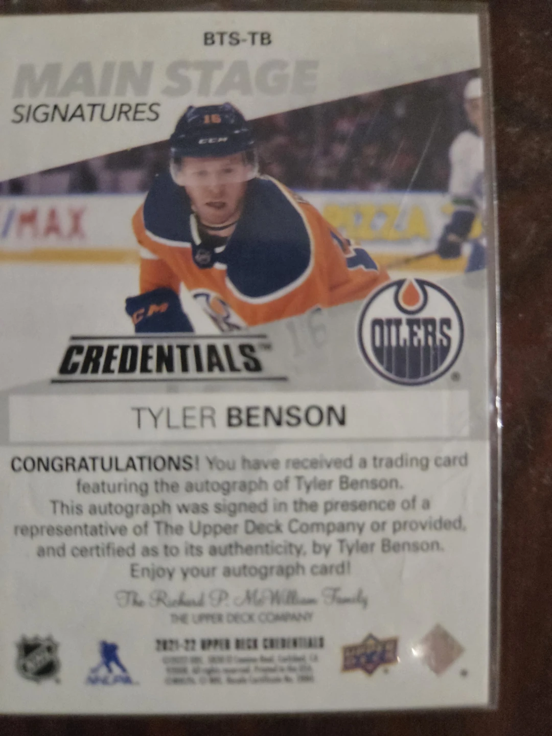 Upper Deck Tyler Benson Autographed Hockey Card - photo 2