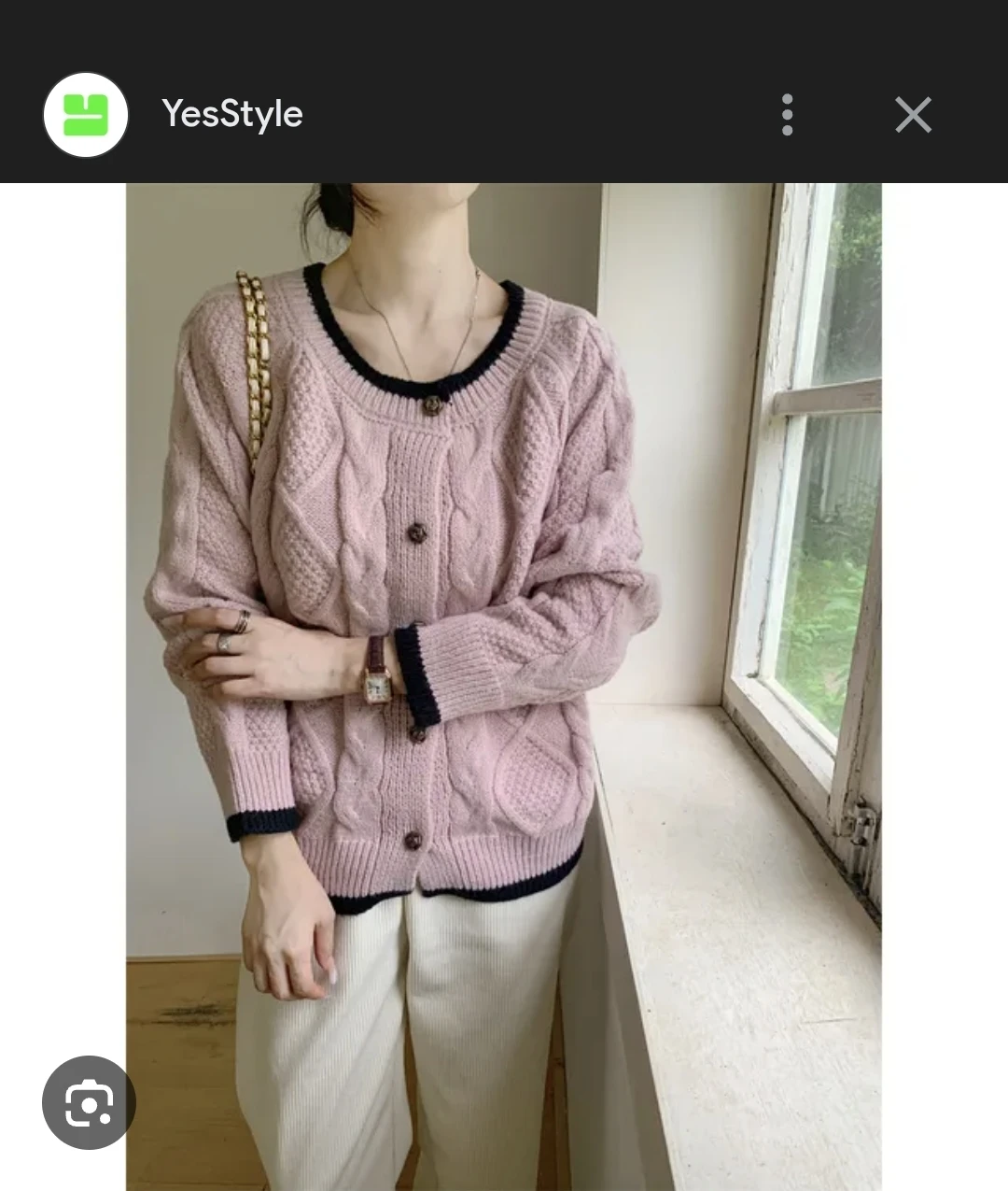 Pink Cable Knit Cardigan with Black Trim