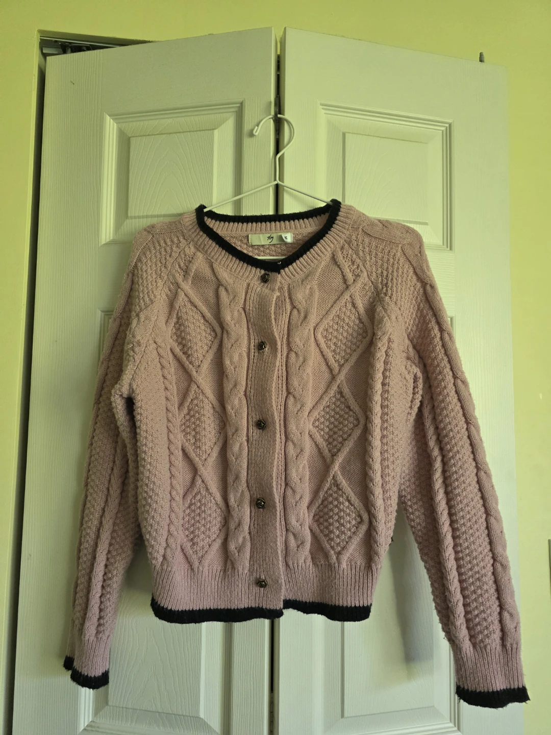 Pink Cable Knit Cardigan with Black Trim - photo 2