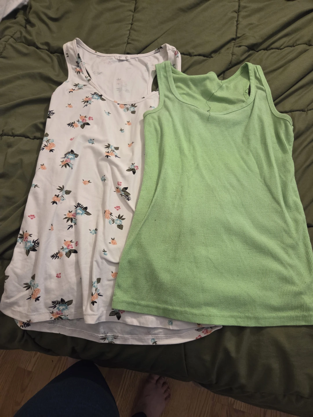 Two Tank Tops - Floral and Green Ribbed