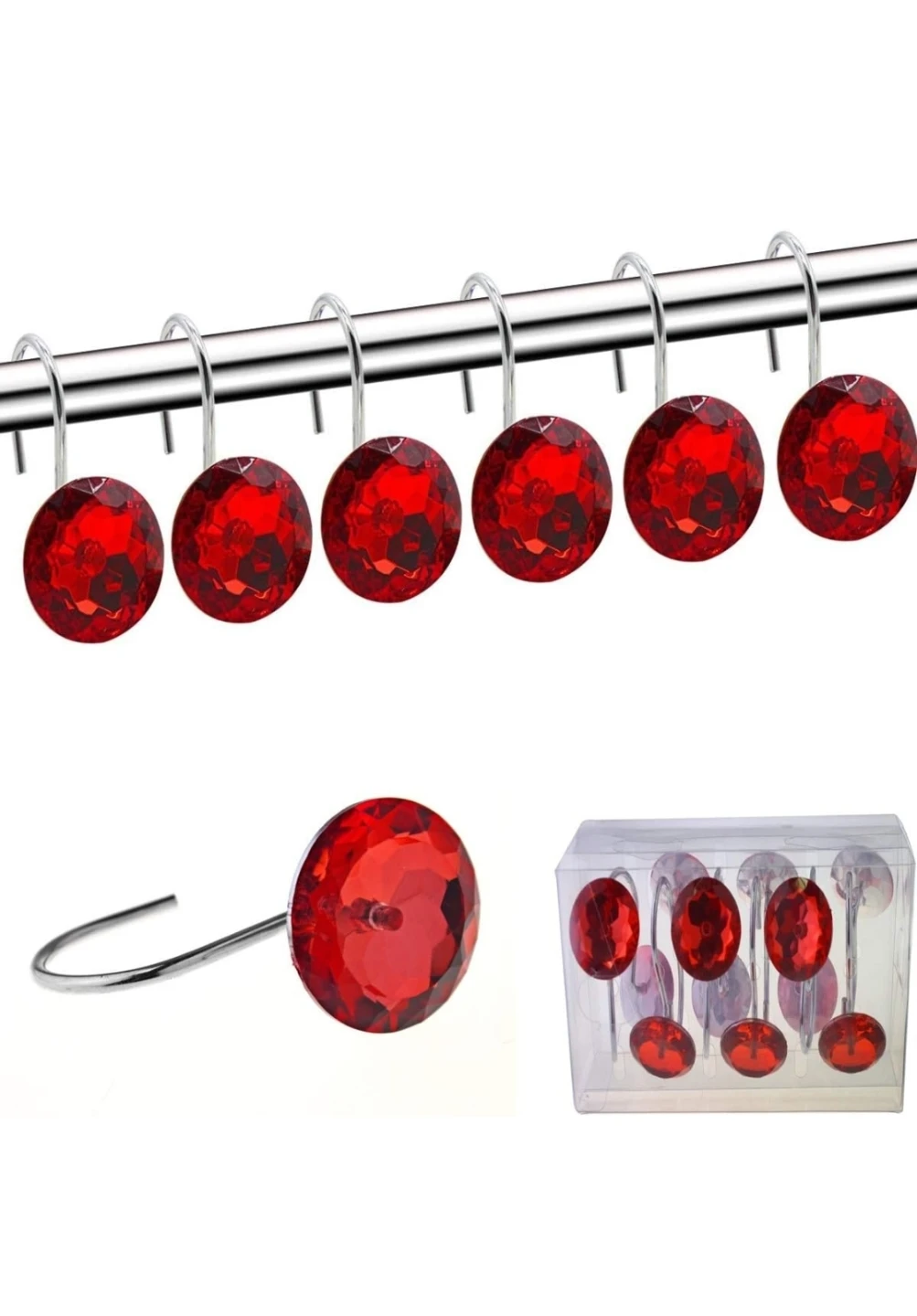 Luxury Red Crystal Shower Curtain Hooks Set of 12 Chrome