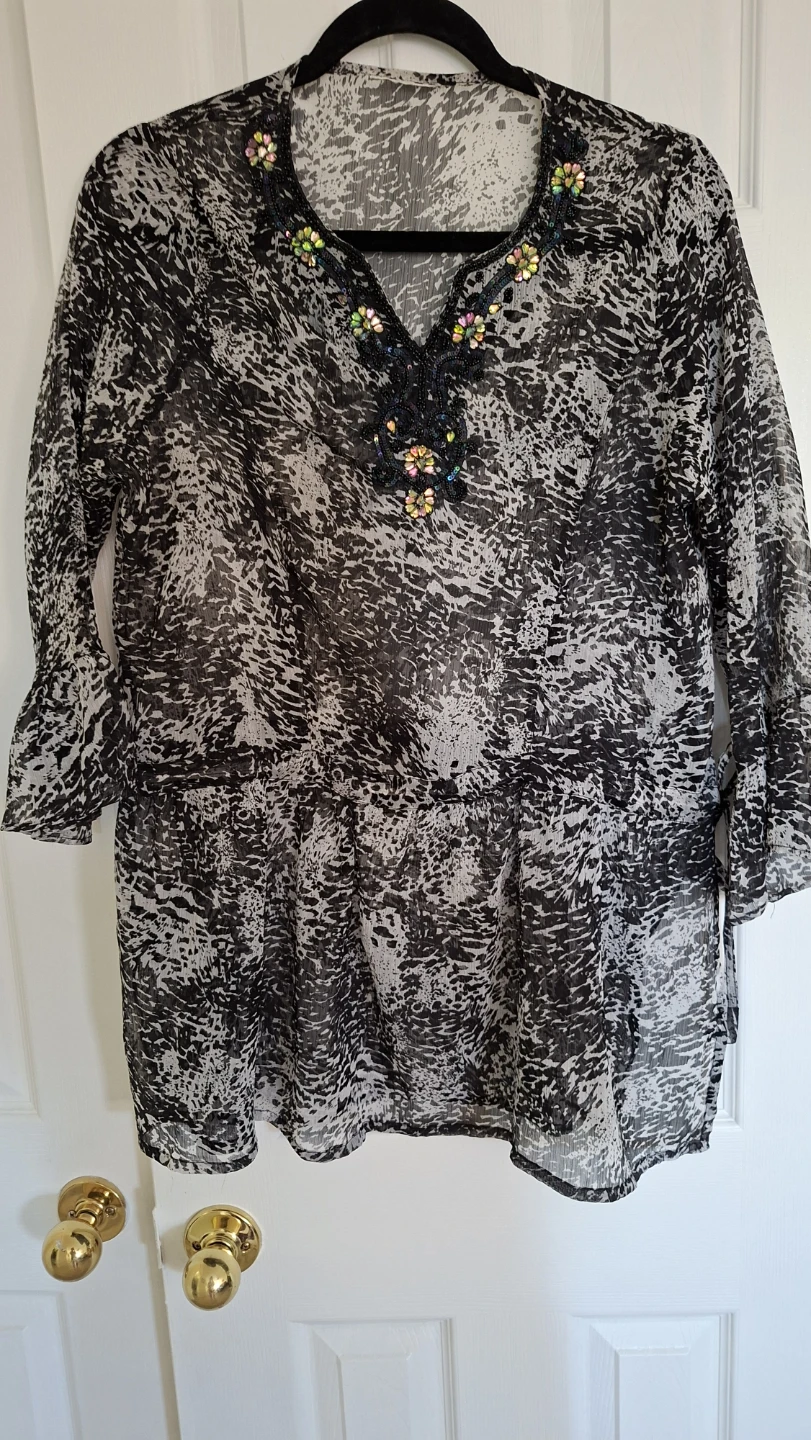 Sheer Black & White Animal Print Tunic Top