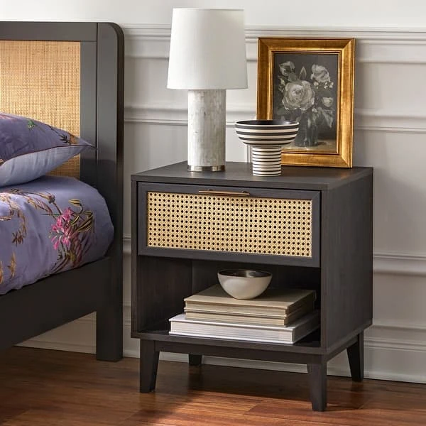 Dark Wood Nightstand with Cane Drawer(New In A Box)