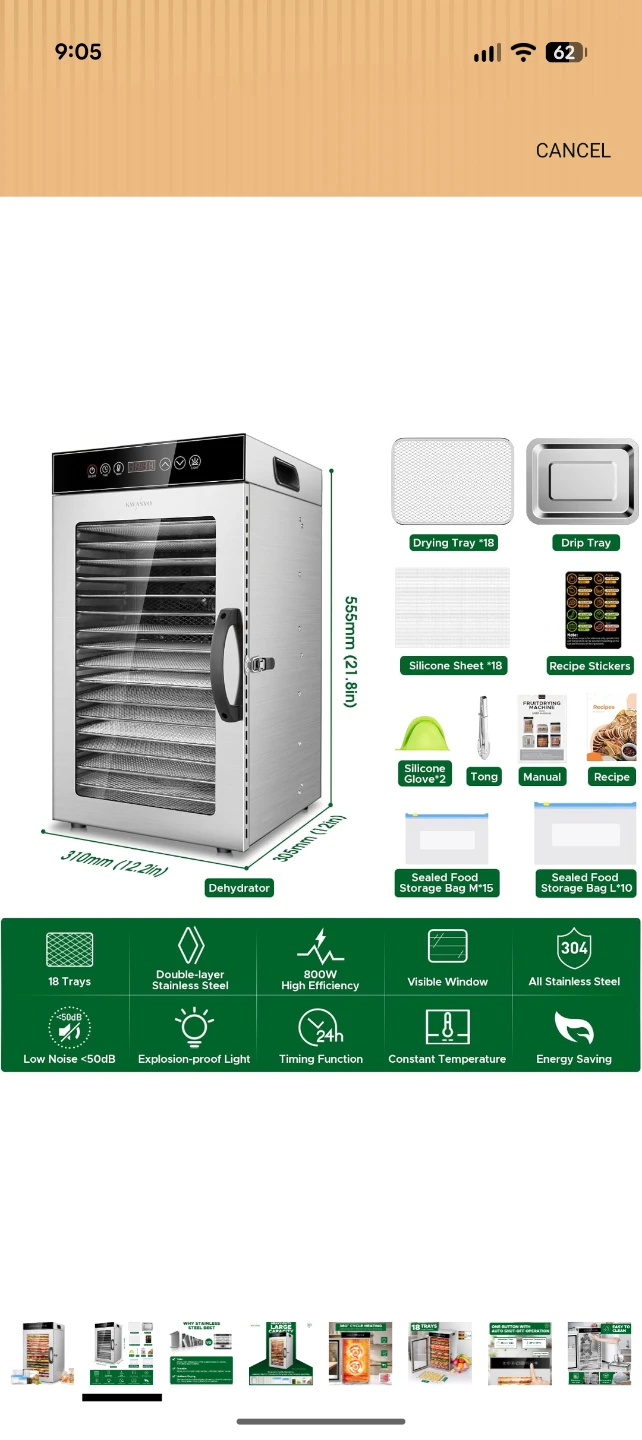 KWASYO 18-Tray Stainless Steel Food Dehydrator - photo 2
