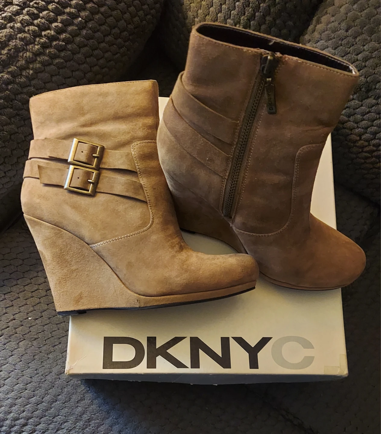 DKNY Suede Wedge Ankle Boots with Buckle Detail - Taupe - photo 3
