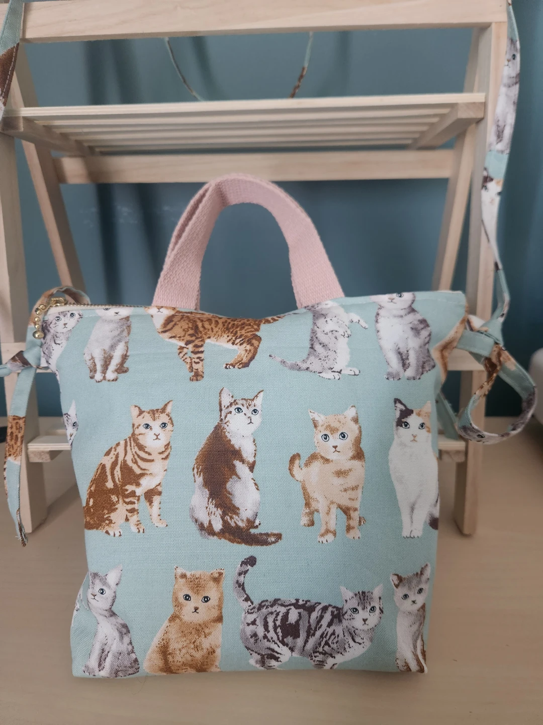 Hand Made Blue Cat Print Tote Bag with Pink Straps - photo 2
