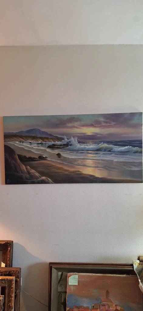 Seascape Oil Painting of Ocean Waves and Mountains - photo 2