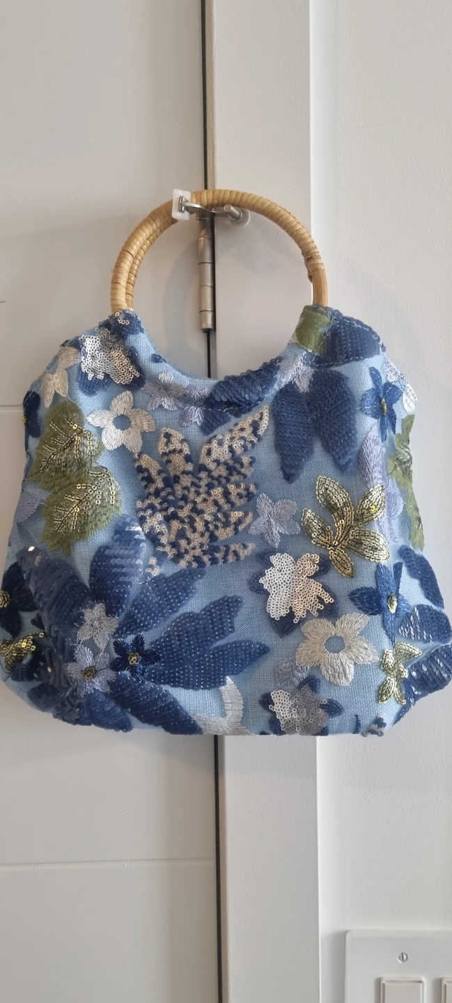 Blue Embroidered Handbag with Wooden Handle