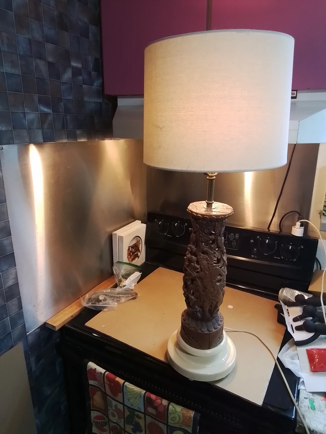 Vintage Balinese Wooden Carved Base Lamp 33"