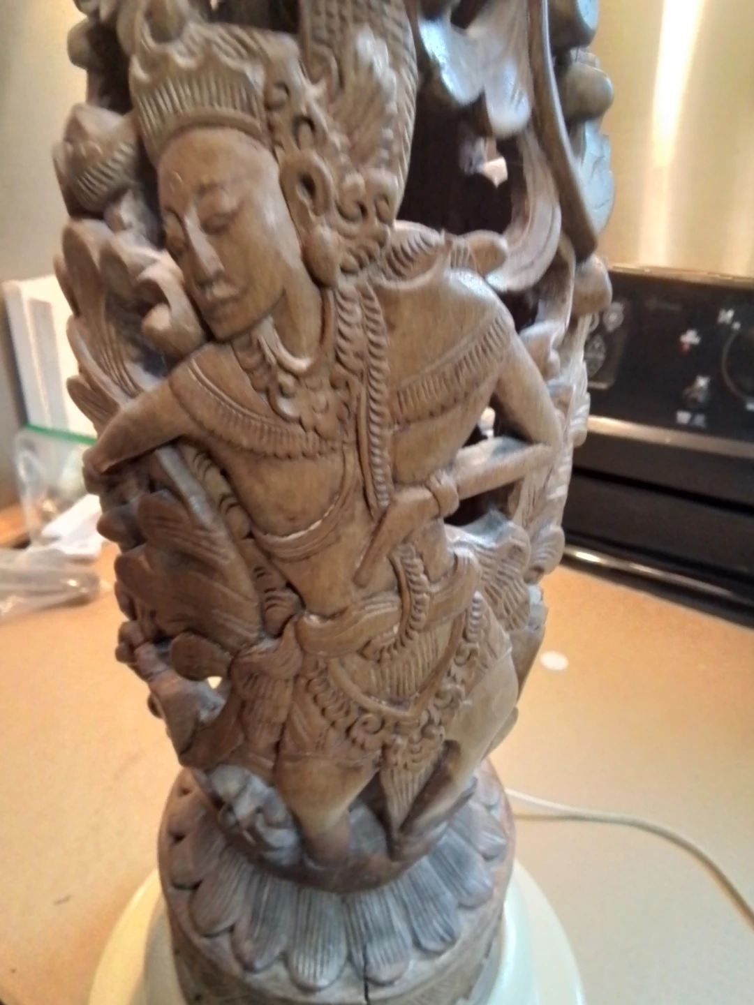 Vintage Balinese Wooden Carved Base Lamp 33" - photo 2