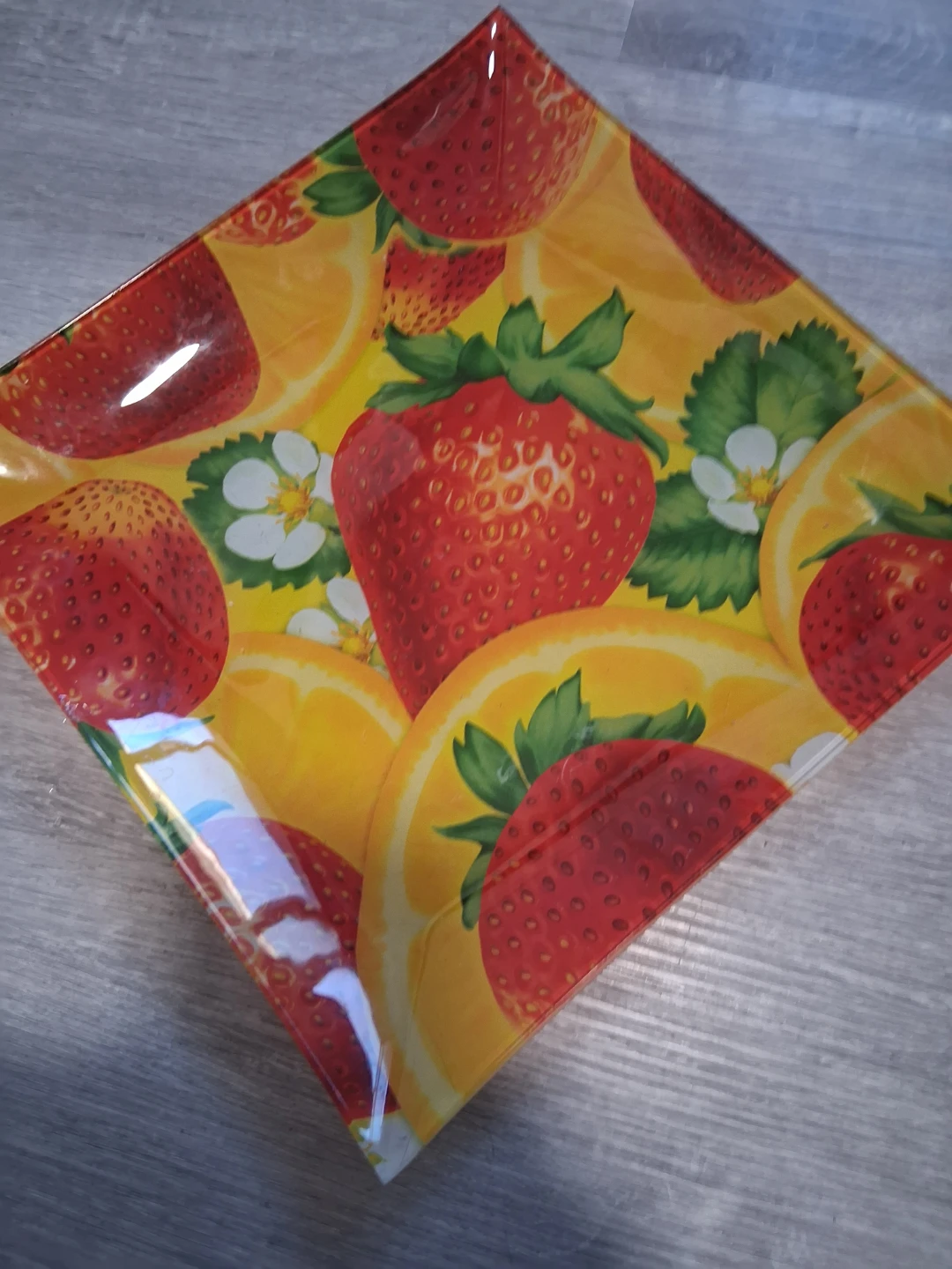 Square Glass Plate with Strawberries and Oranges