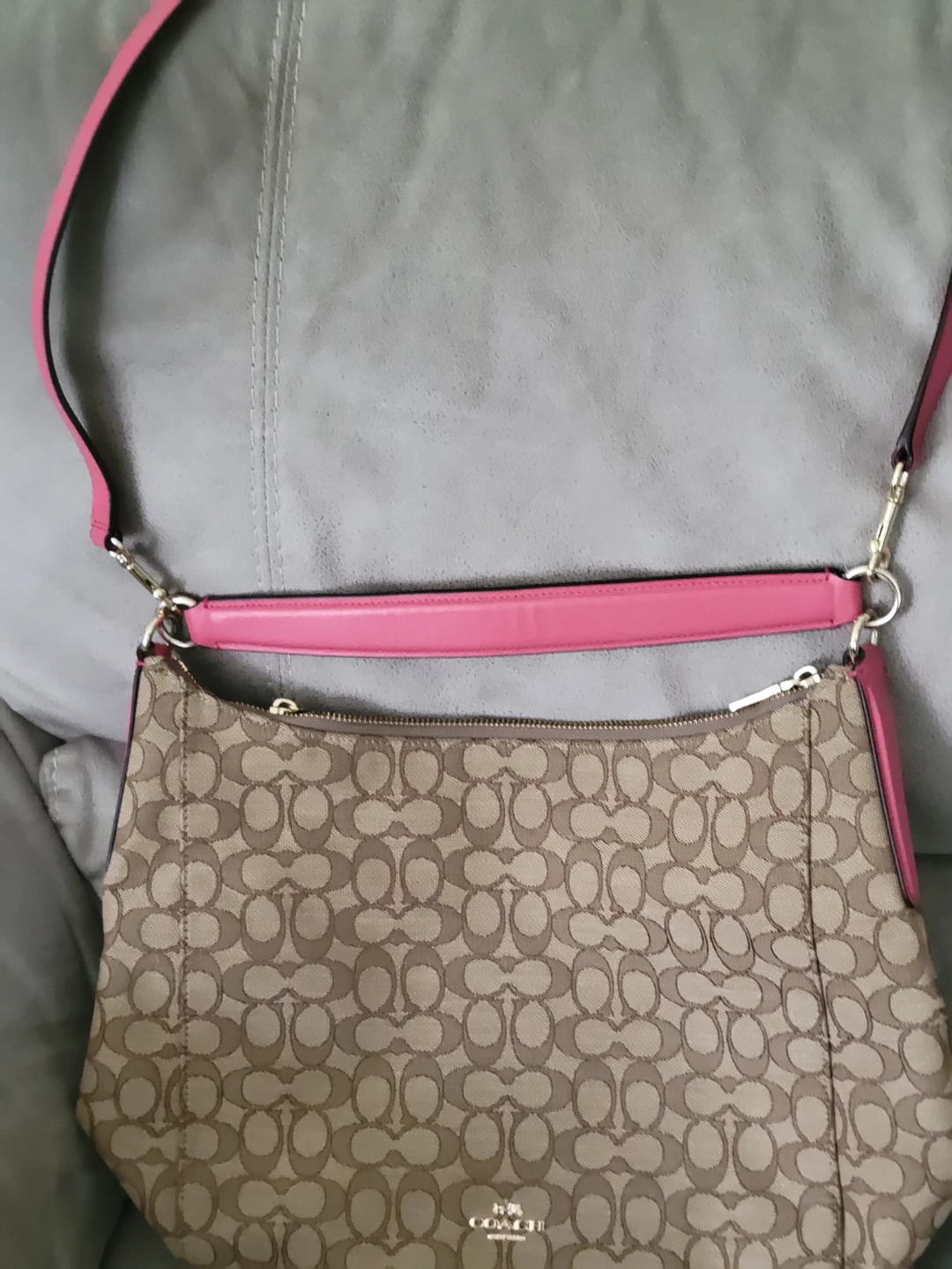 Coach Signature Pattern Shoulder Bag with Pink Accent