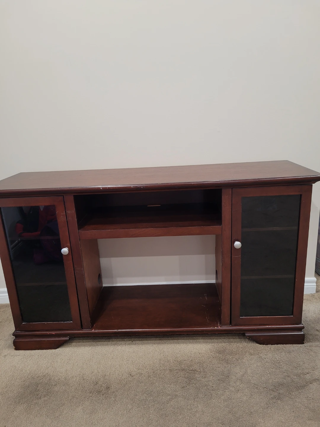 Dark Wood TV Stand with Glass Doors