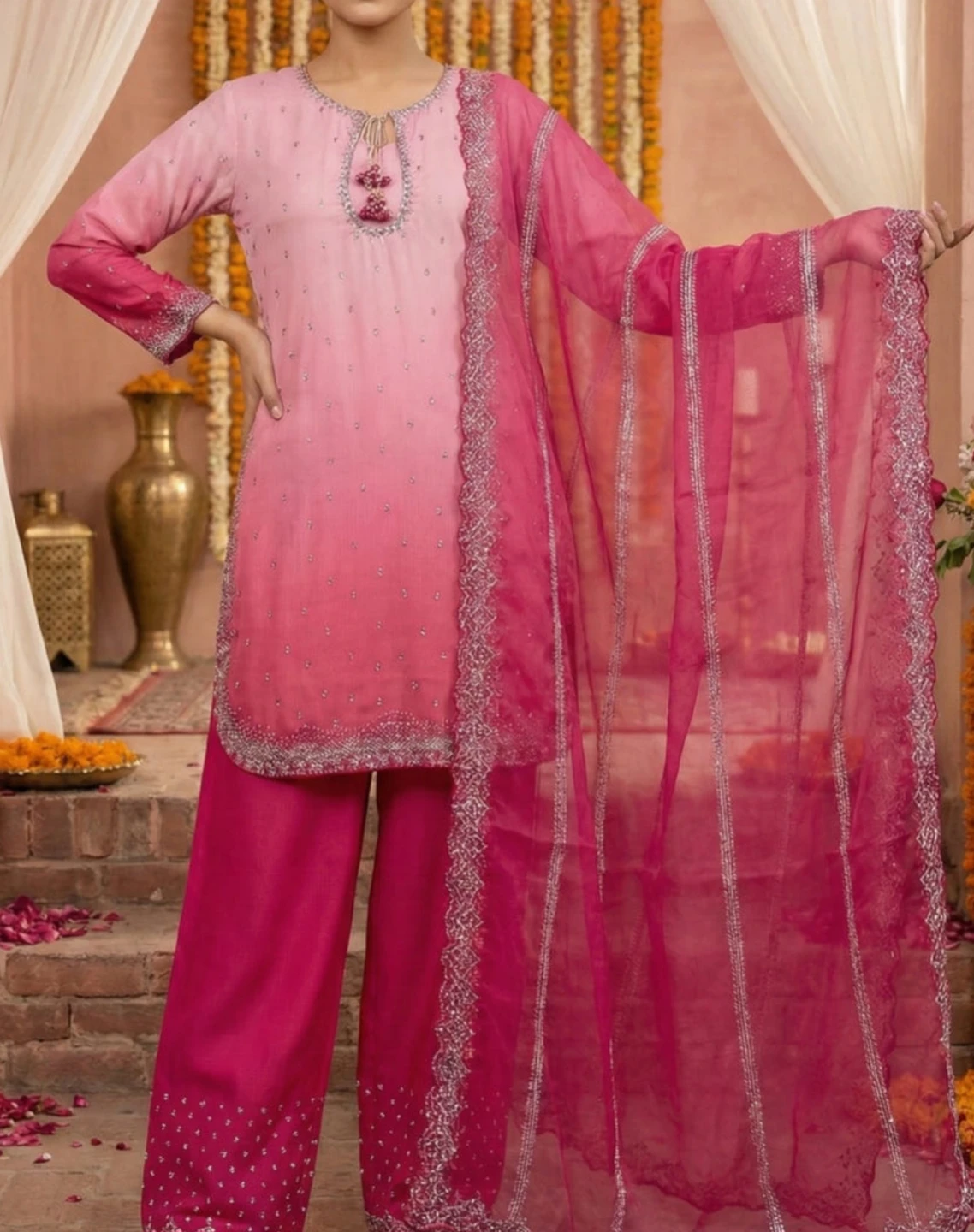 Women's Pink Ombre Kurti with Pants and Dupatta