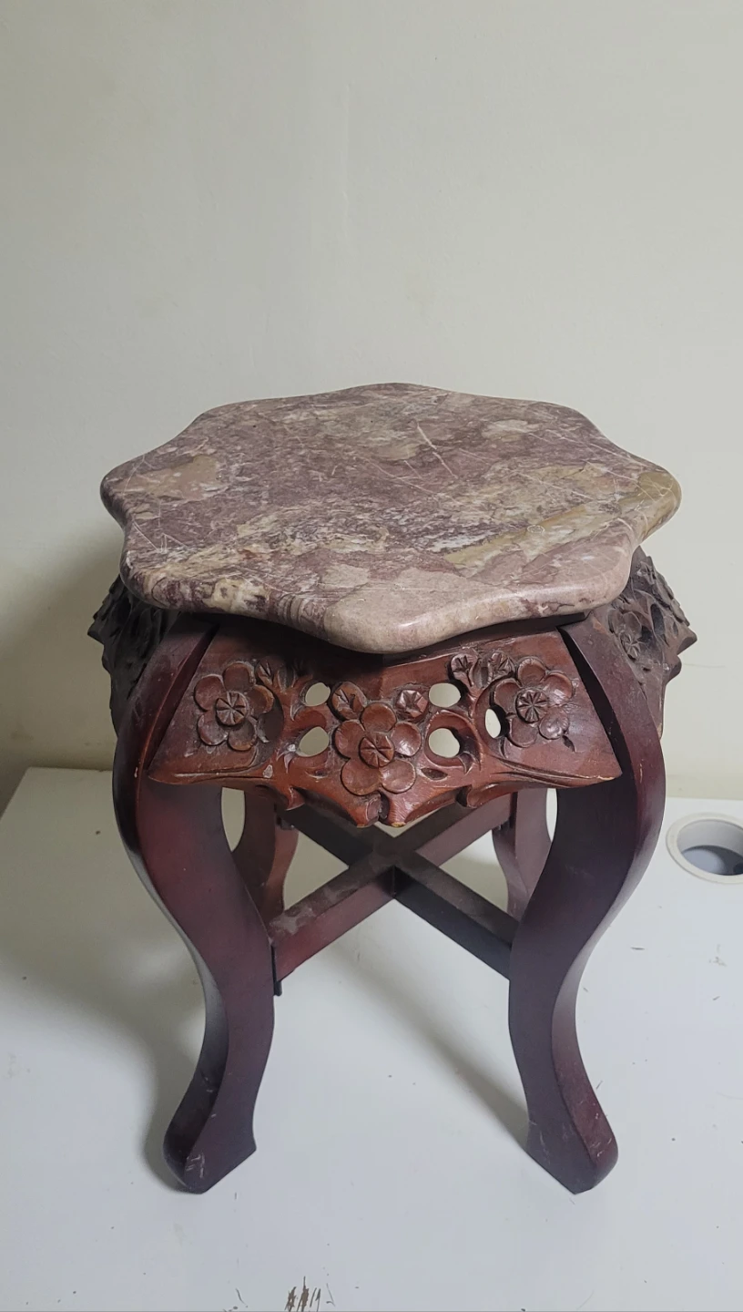 Vintage Carved Wood Plant Stand with Marble Top
