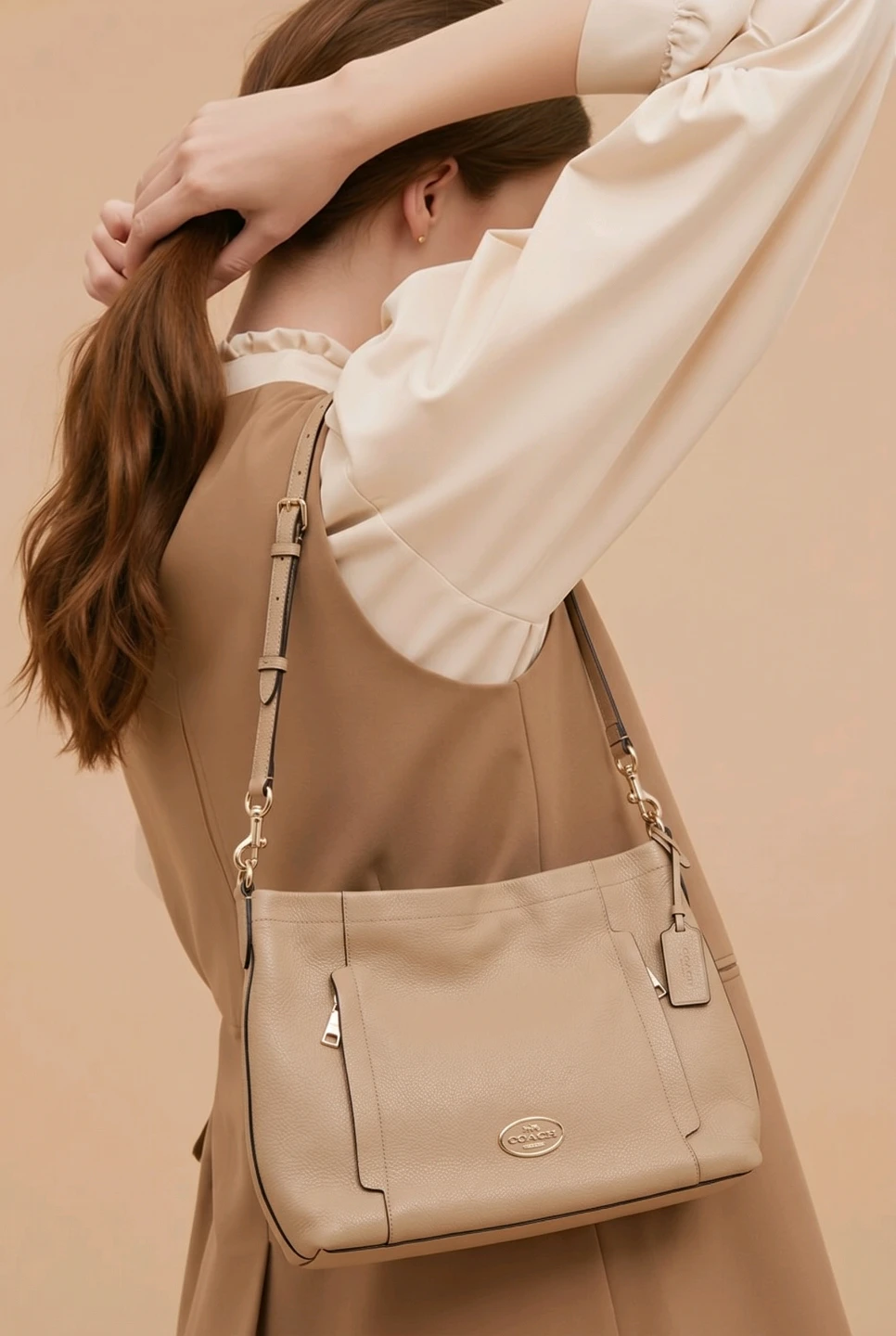 Coach Pebble Leather Hobo Shoulder Bag - Beige