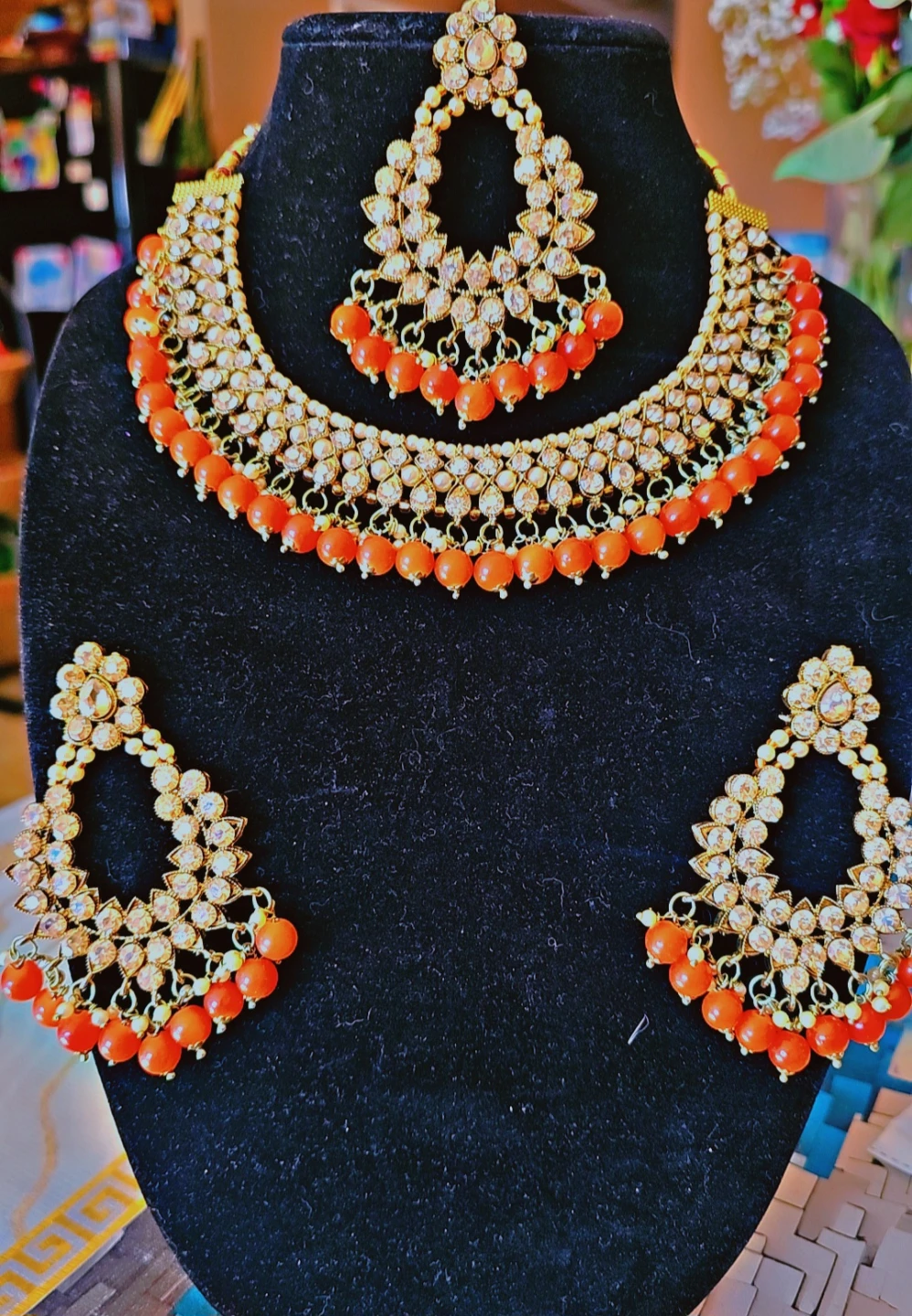 Gold-tone Necklace and Earring Set with Orange Beads - photo 3