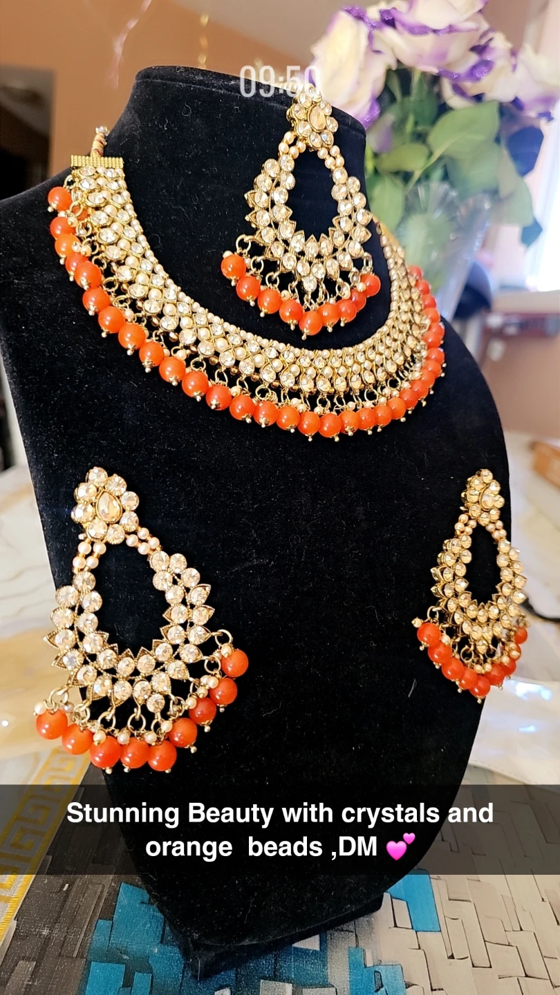 Gold-tone Necklace and Earring Set with Orange Beads - photo 4