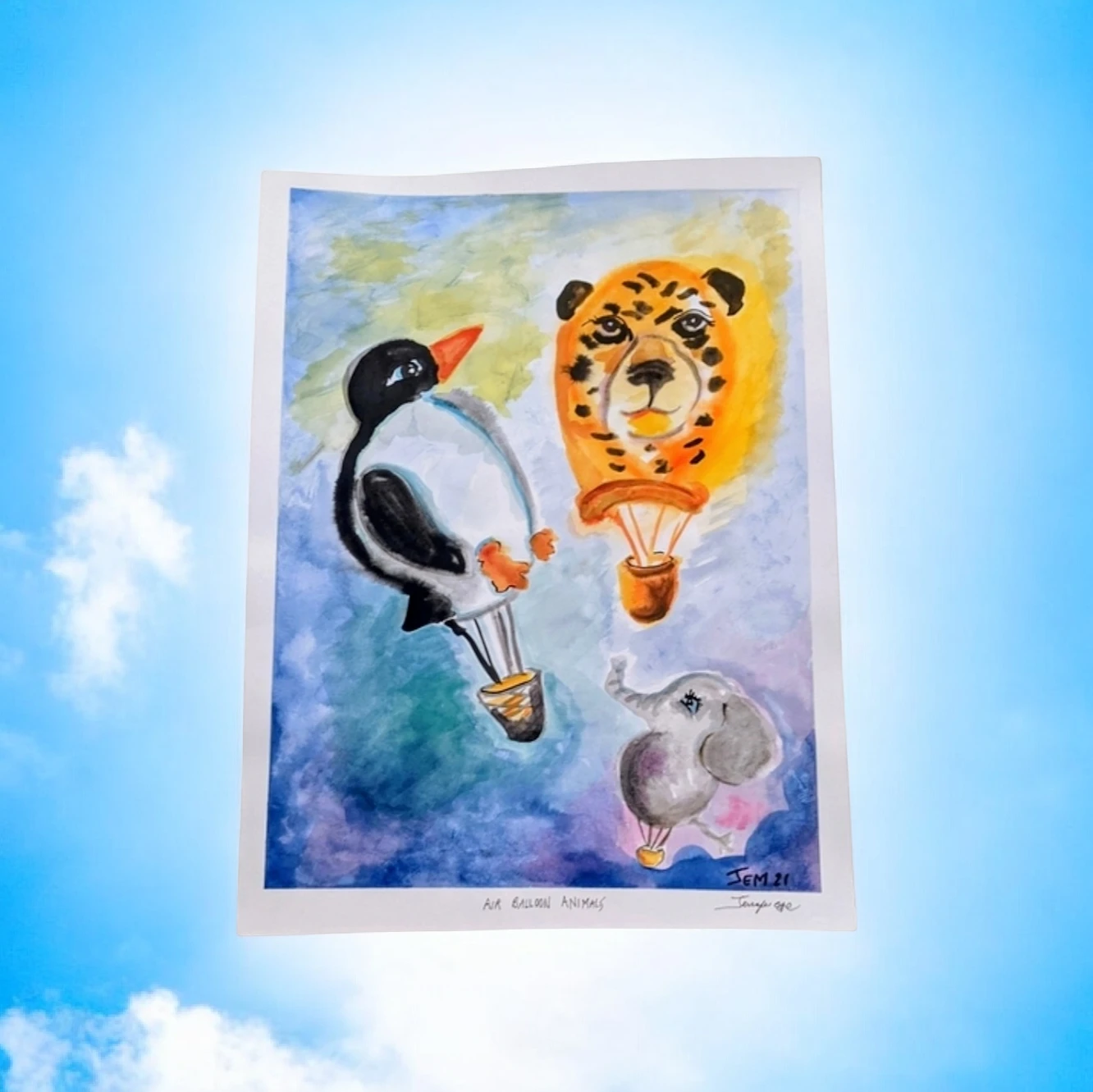Large Watercolor Painting "Air Balloon Animals"