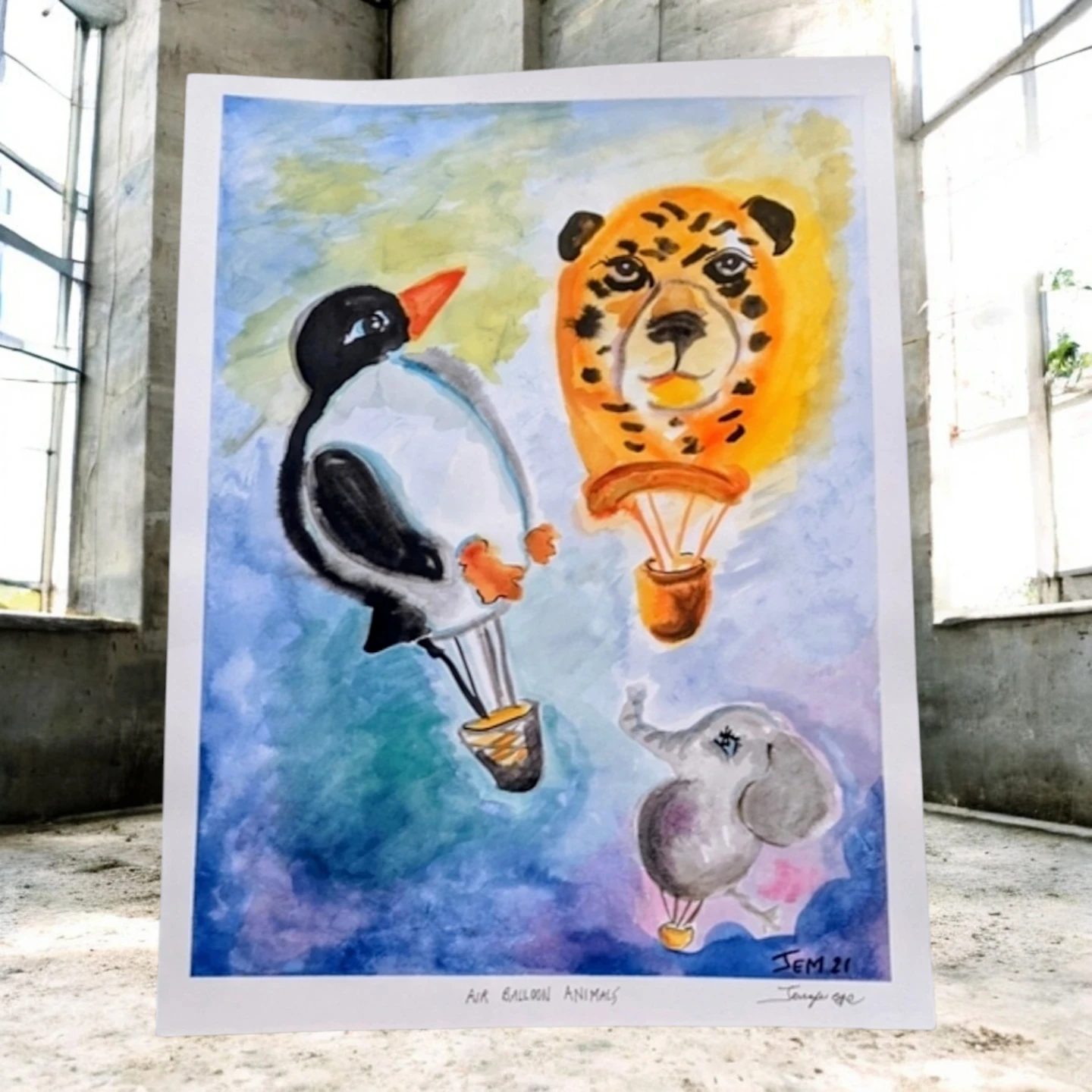 Large Watercolor Painting "Air Balloon Animals" - photo 2