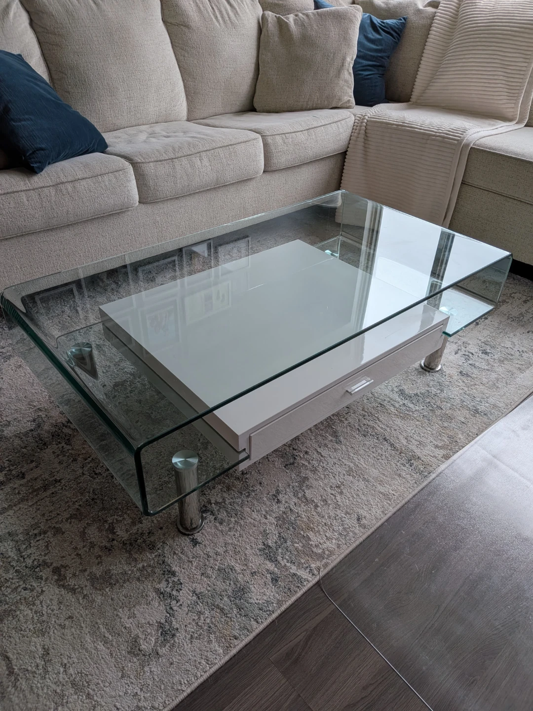 Glass coffee table with drawer