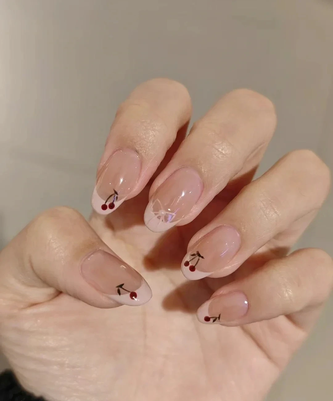 French tip nails with cherry design