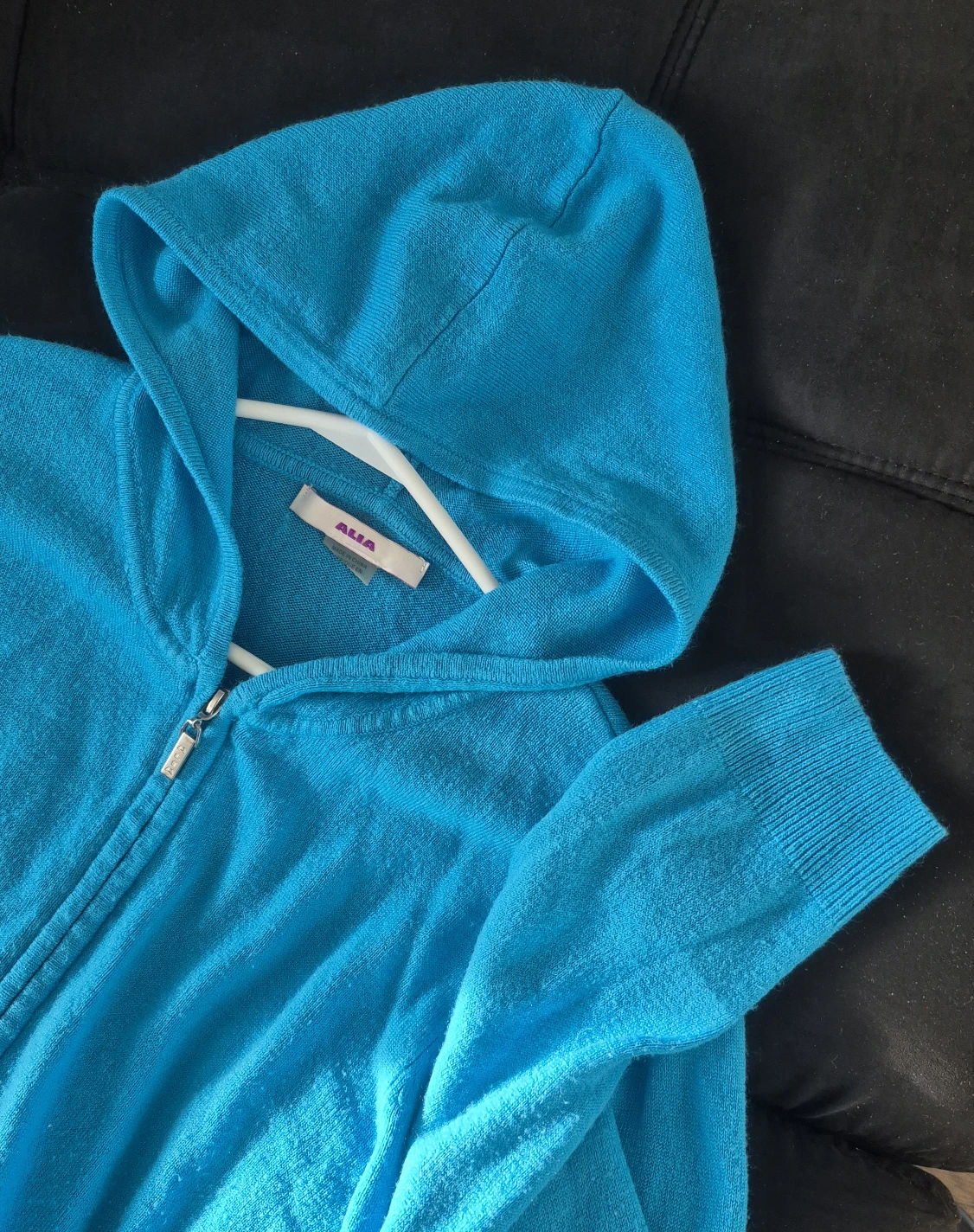 Blue Hooded Zip-Up Sweater. Size L.
