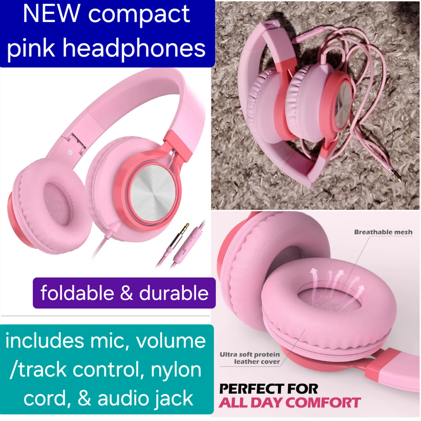 Headphones with audio jack - NEW compact pink headphones