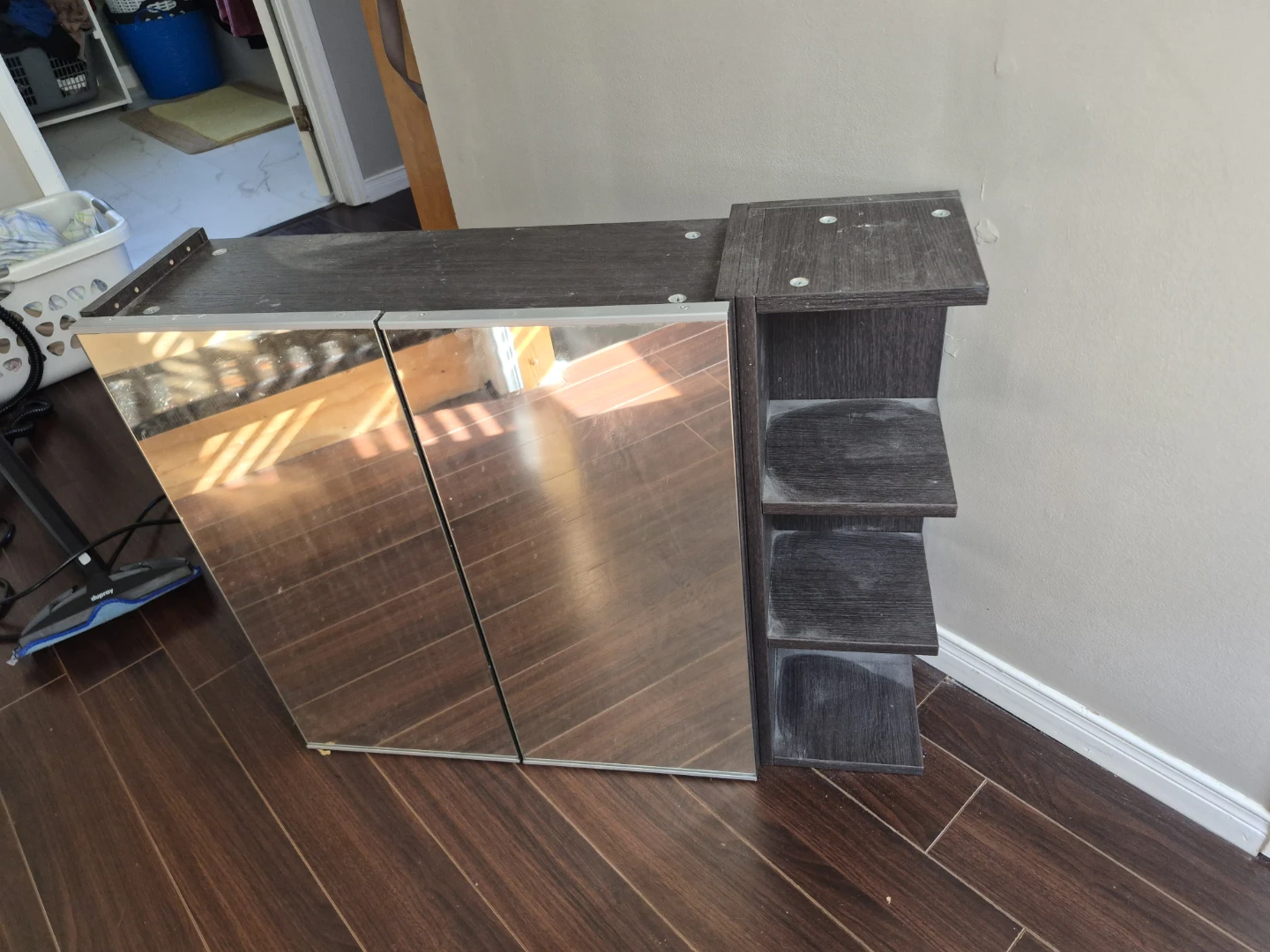 Dark Wood Cabinet with Mirrored Doors and Shelving