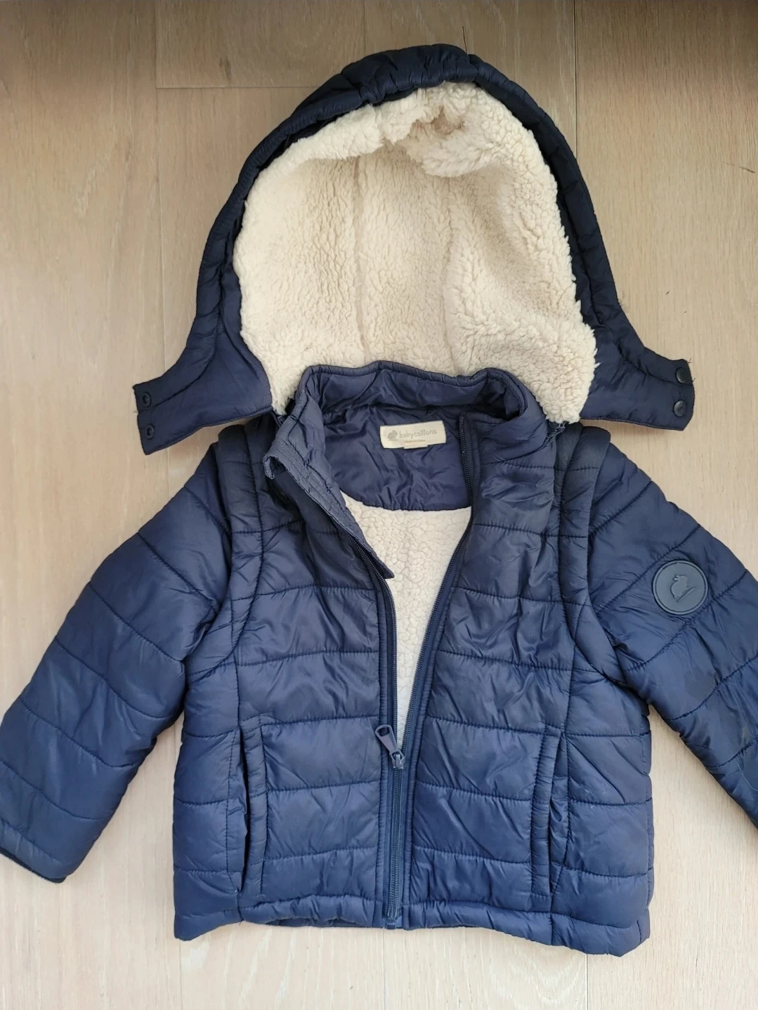 Baby Cotton Navy Puffer Vest with Detachable Sleeves and Hood 3y - photo 3