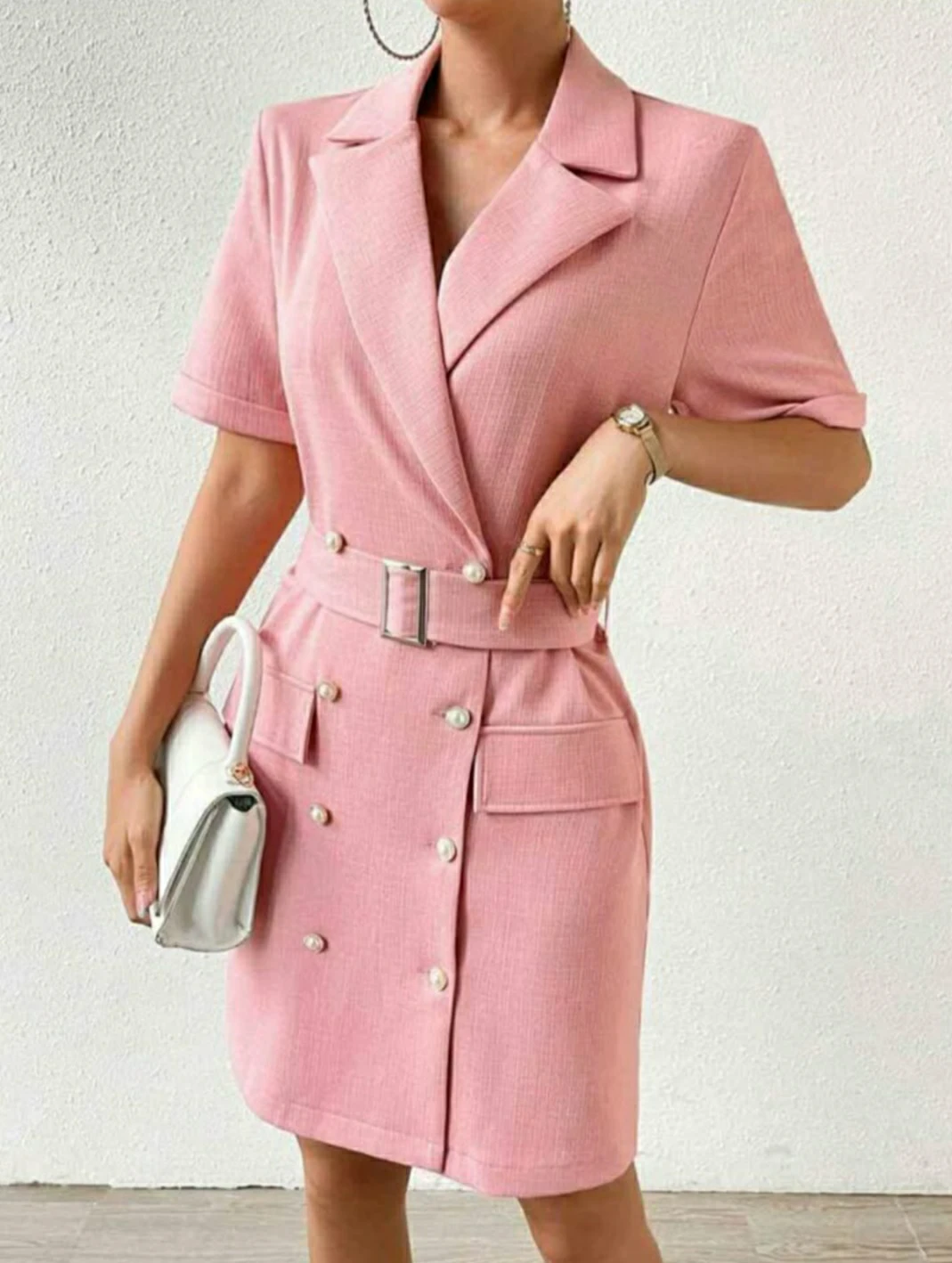 Pink Double-Breasted Blazer Dress with Belt