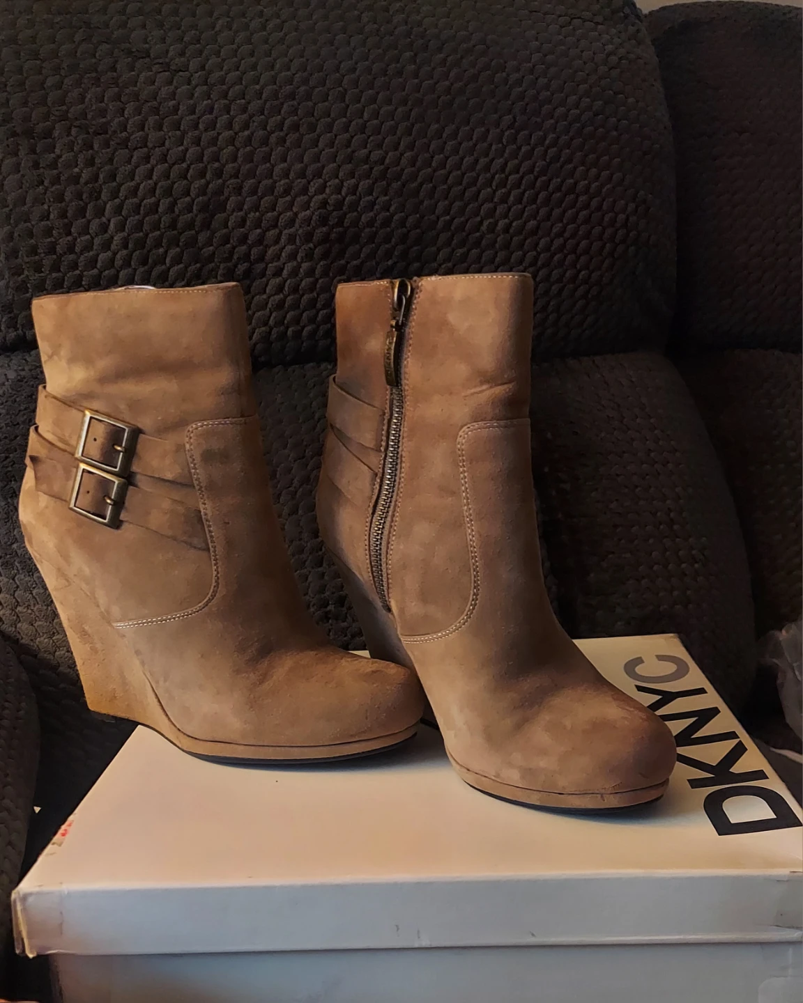 DKNY Suede Wedge Ankle Boots with Buckle Detail - Taupe - photo 2