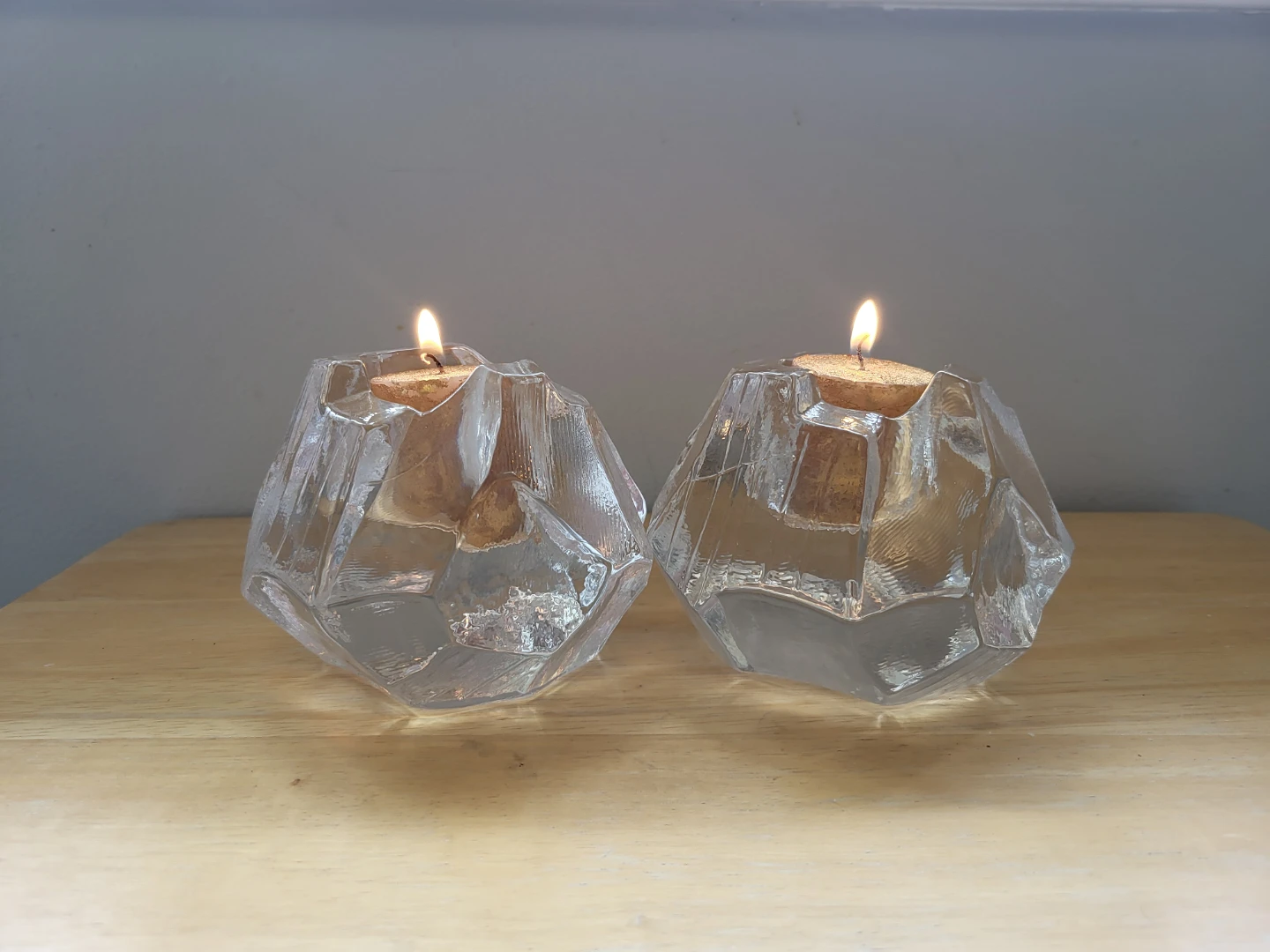 Orrefors Set of 2 Clear Glass Geometric Votive Candle Holders