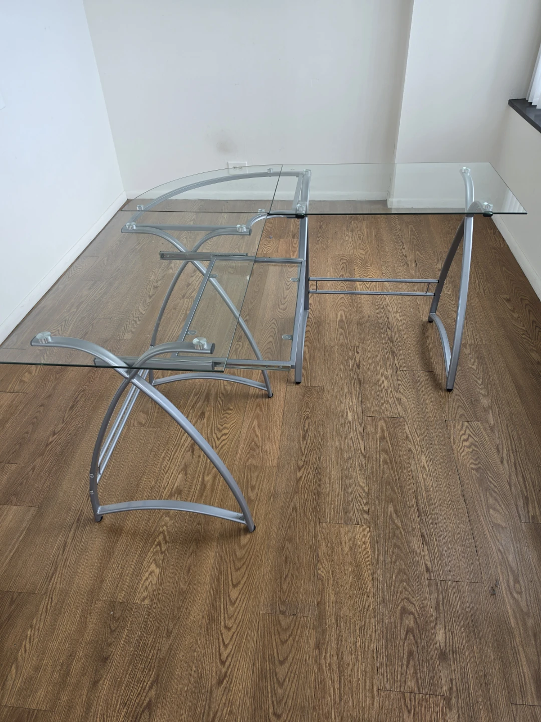 Glass L-Shaped Desk with Silver Frame