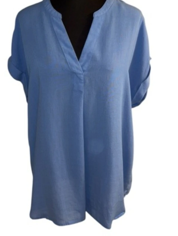 Brand new Blue Cuffed Sleeve Blouse With Mandarin Collar