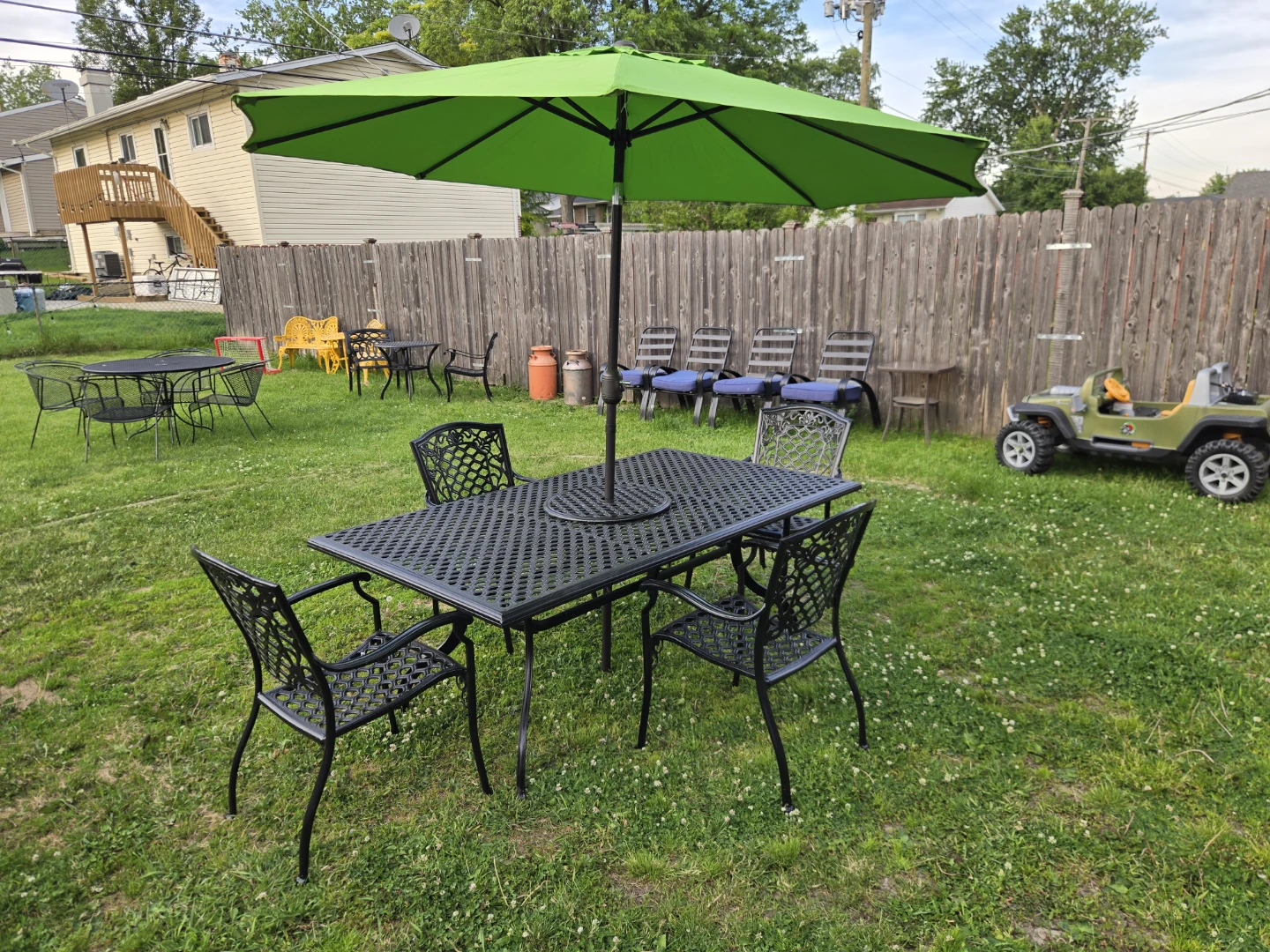 Black Metal Patio Dining Set with Green Umbrella - photo 4