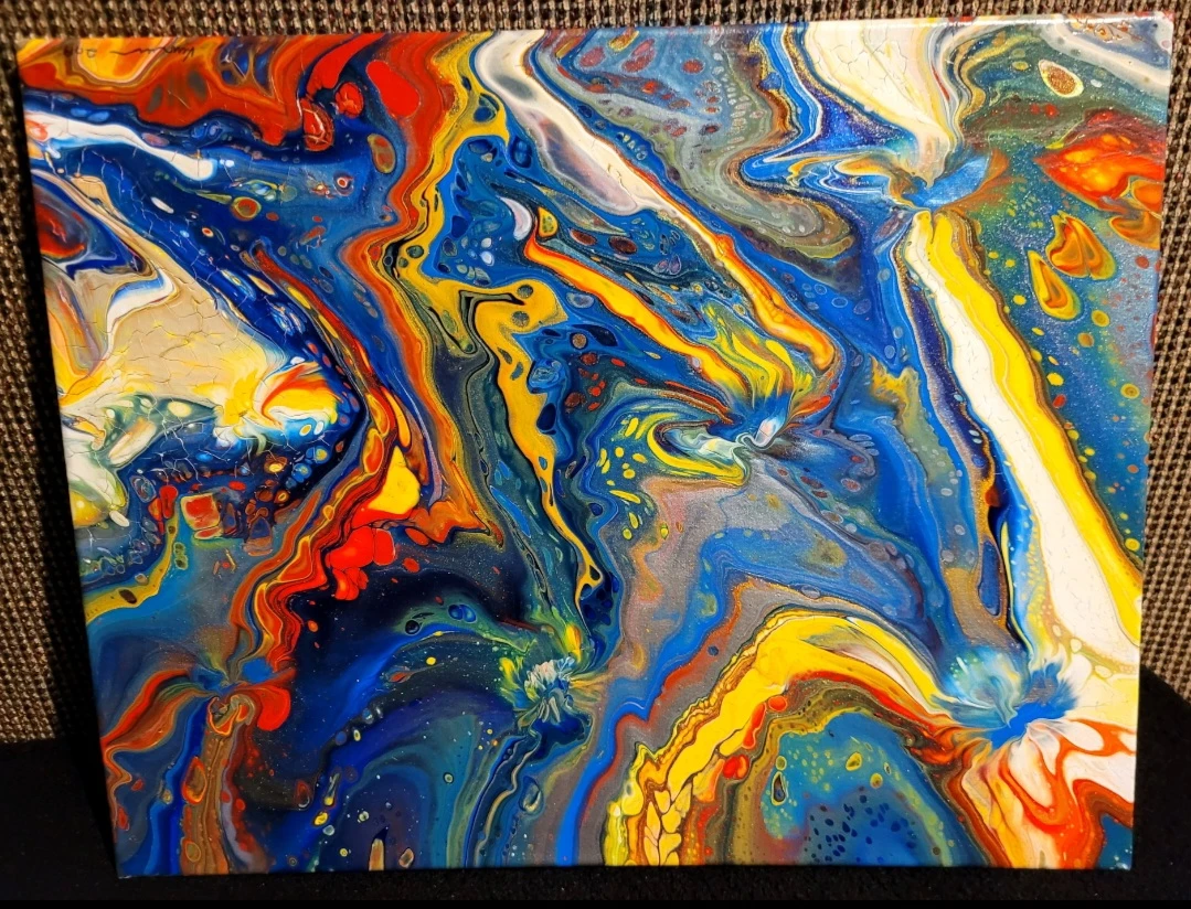 Abstract Acrylic Pour Painting - Blue, Yellow, Red, Gold - photo 2