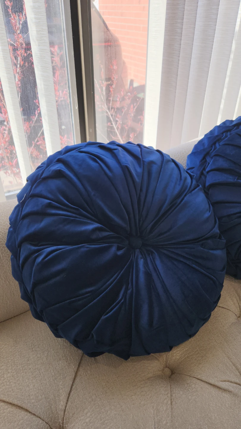 Set of 2 Navy Blue Velvet Tufted Round Throw Pillows - photo 2