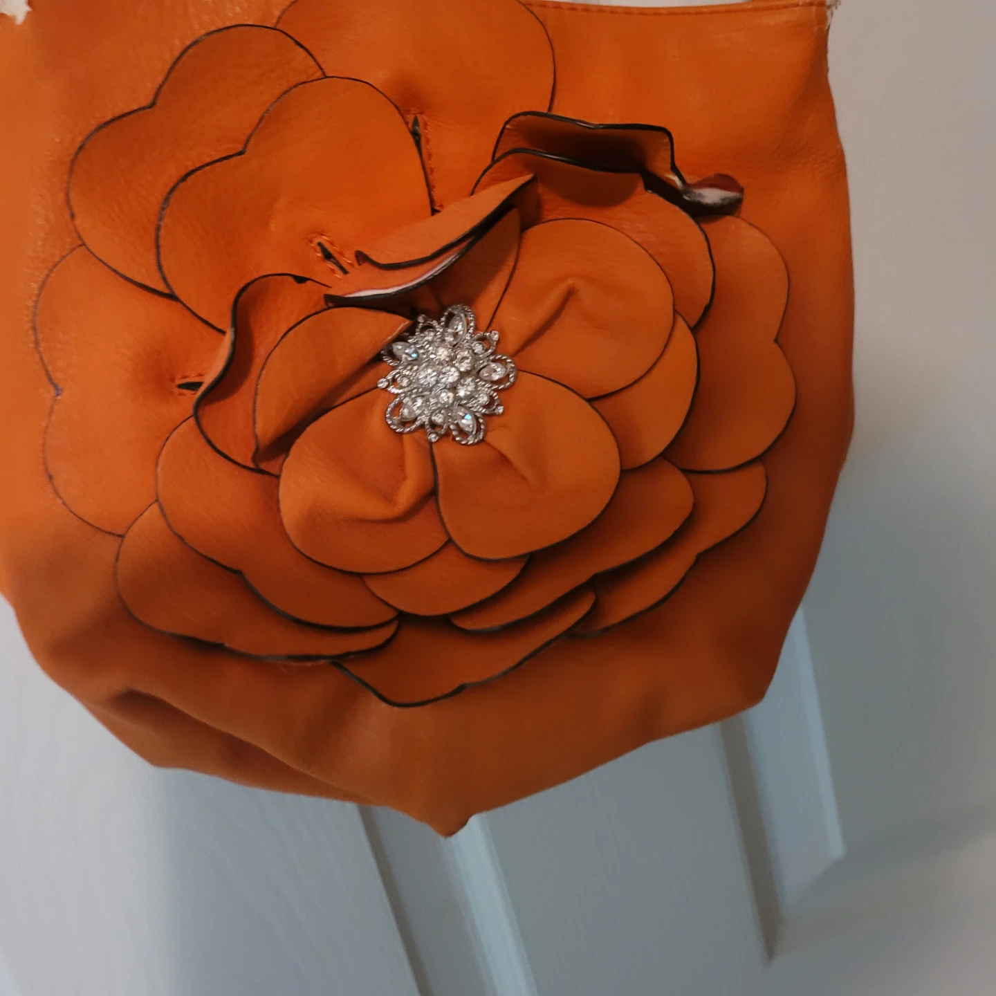 Orange Faux Leather Shoulder Bag with Flower Embellishment
