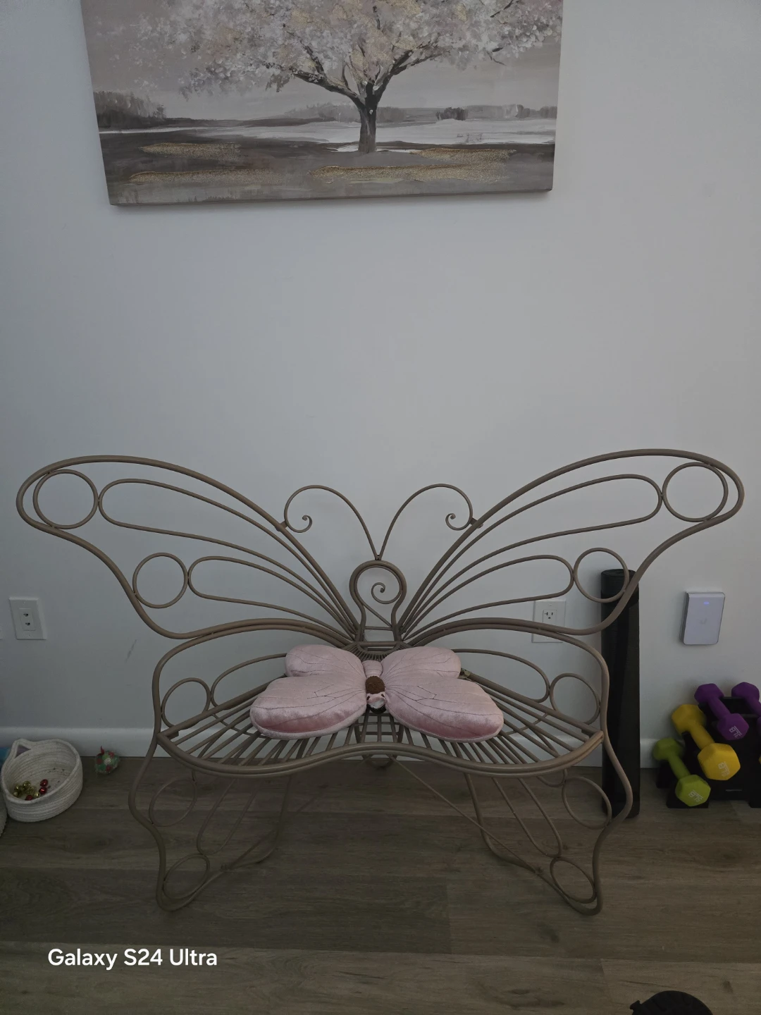 Butterfly Metal Garden Bench with Pink Cushion